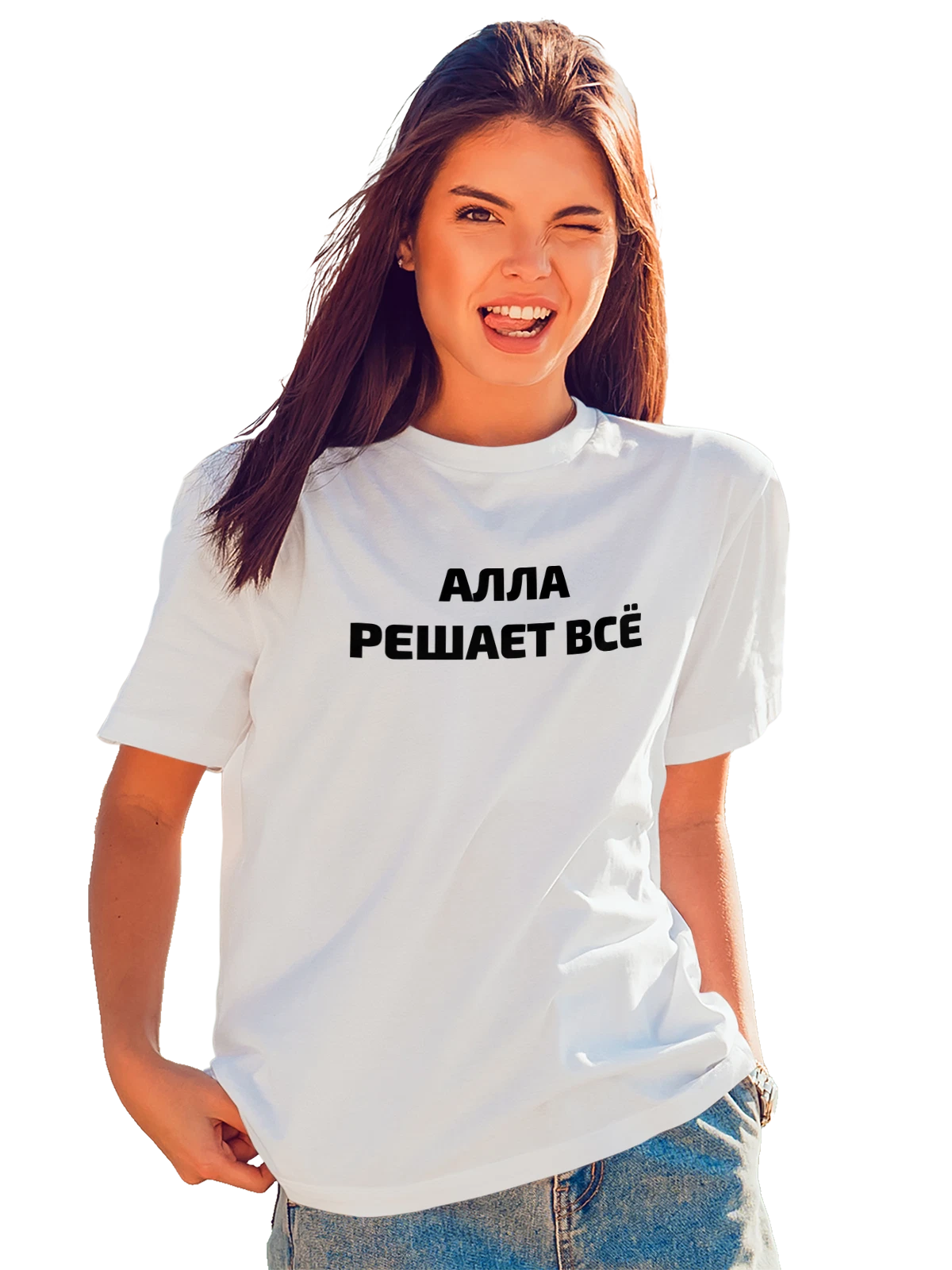 Футболка Имя Алла решает все белая с принтом — надпись с именем — Белая, фото 1