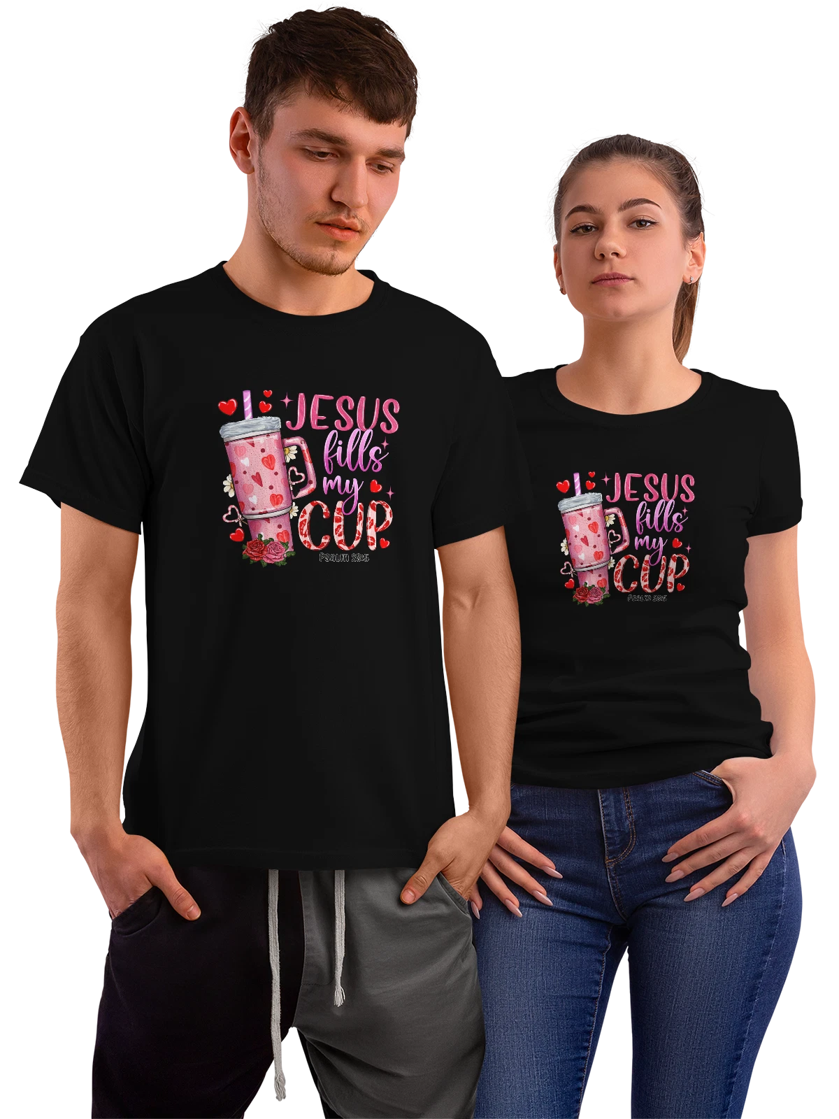 Футболка Jesus fills my cup с розовой термокружкой чёрная с принтом — христианская надпись — Чёрная, фото 1