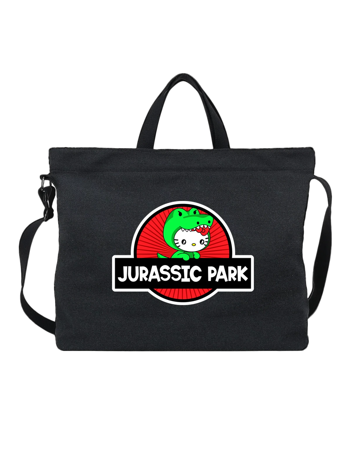 Сумка чёрная с принтом Hello Kitty в костюме динозавра Jurassic Park — иллюстрация — Чёрная, фото 1