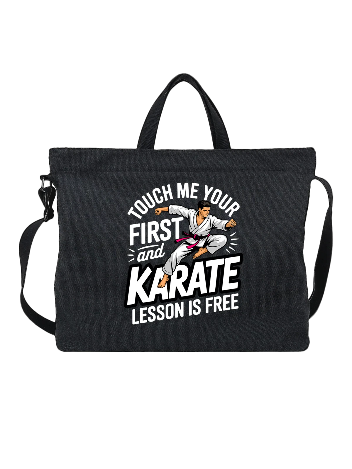 Сумка чёрная с принтом Каратист в белом кимоно KARATE — боевой прыжок — Чёрная, фото 1