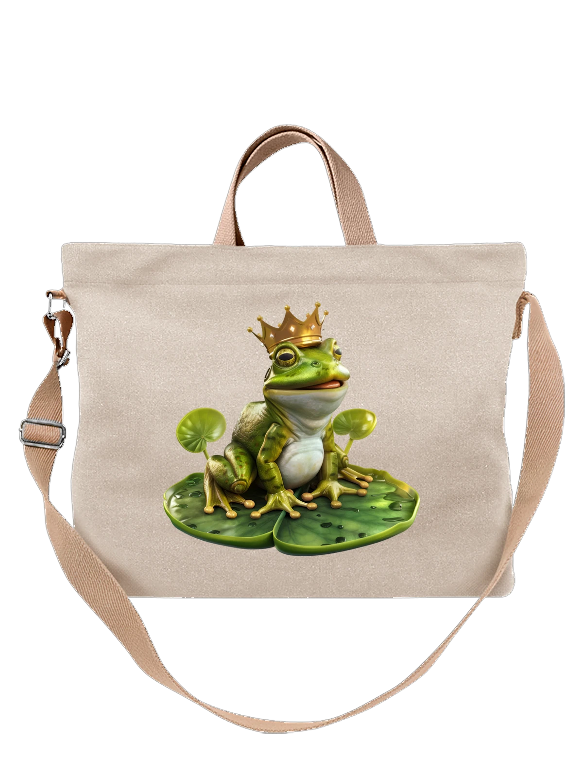 Сумка бежевая с принтом Tree frog в золотой короне на листе — золотая корона — Бежевая, фото 1