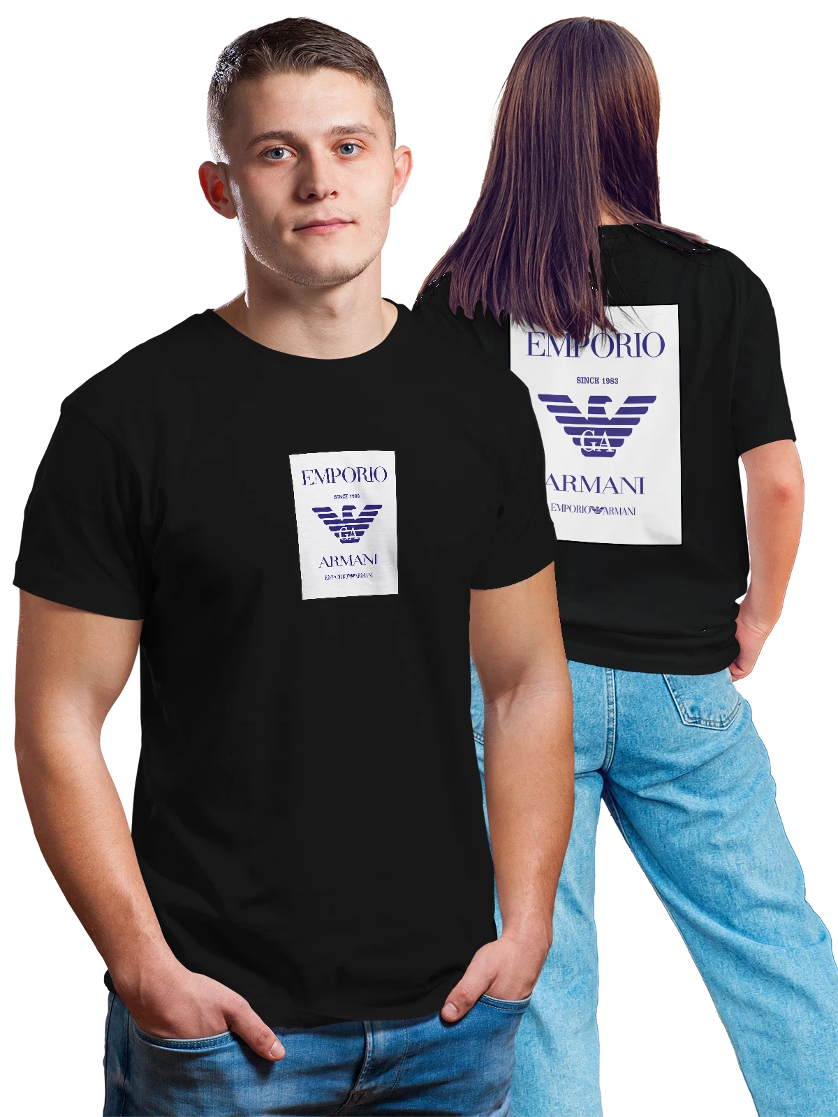 Футболка Emporio Armani логотип GA Since 1983 чёрная с принтом на спине — фирменный знак Emporio Armani — Чёрная, фото 1