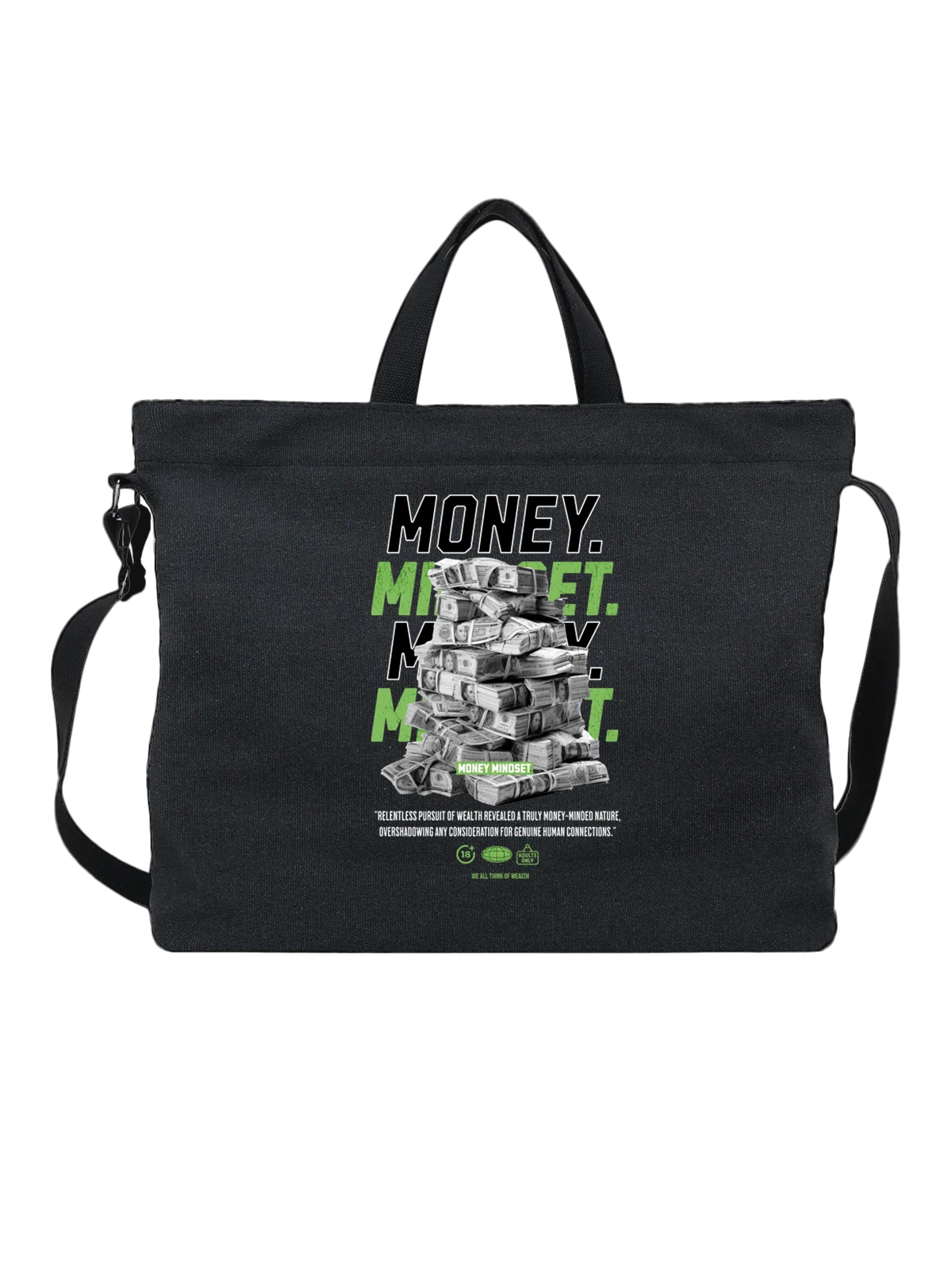 Сумка чёрная с принтом с пачками долларов и надписью MONEY MINDSET — богатство — Чёрная, фото 1