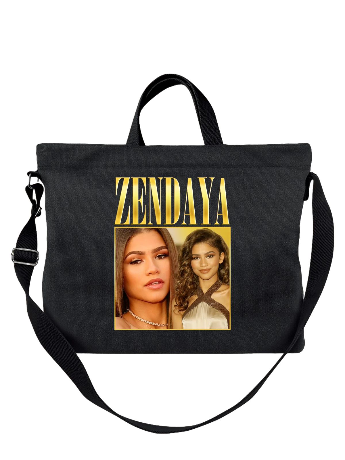 Сумка чёрная с принтом Zendaya портрет актрисы в золотом свете — голливудская знаменитость — Чёрная, фото 1