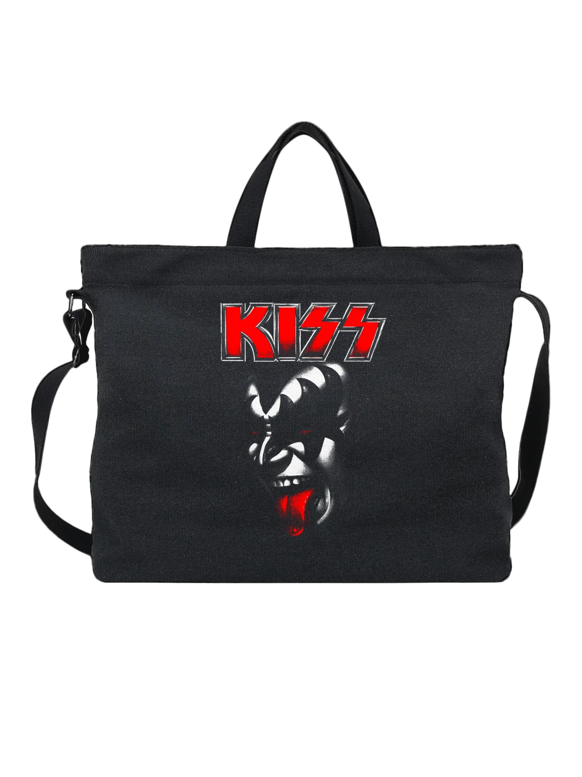 Сумка KISS лицо музыканта рок-группы с гримом чёрная с принтом — глэм рок — Чёрная, фото 1