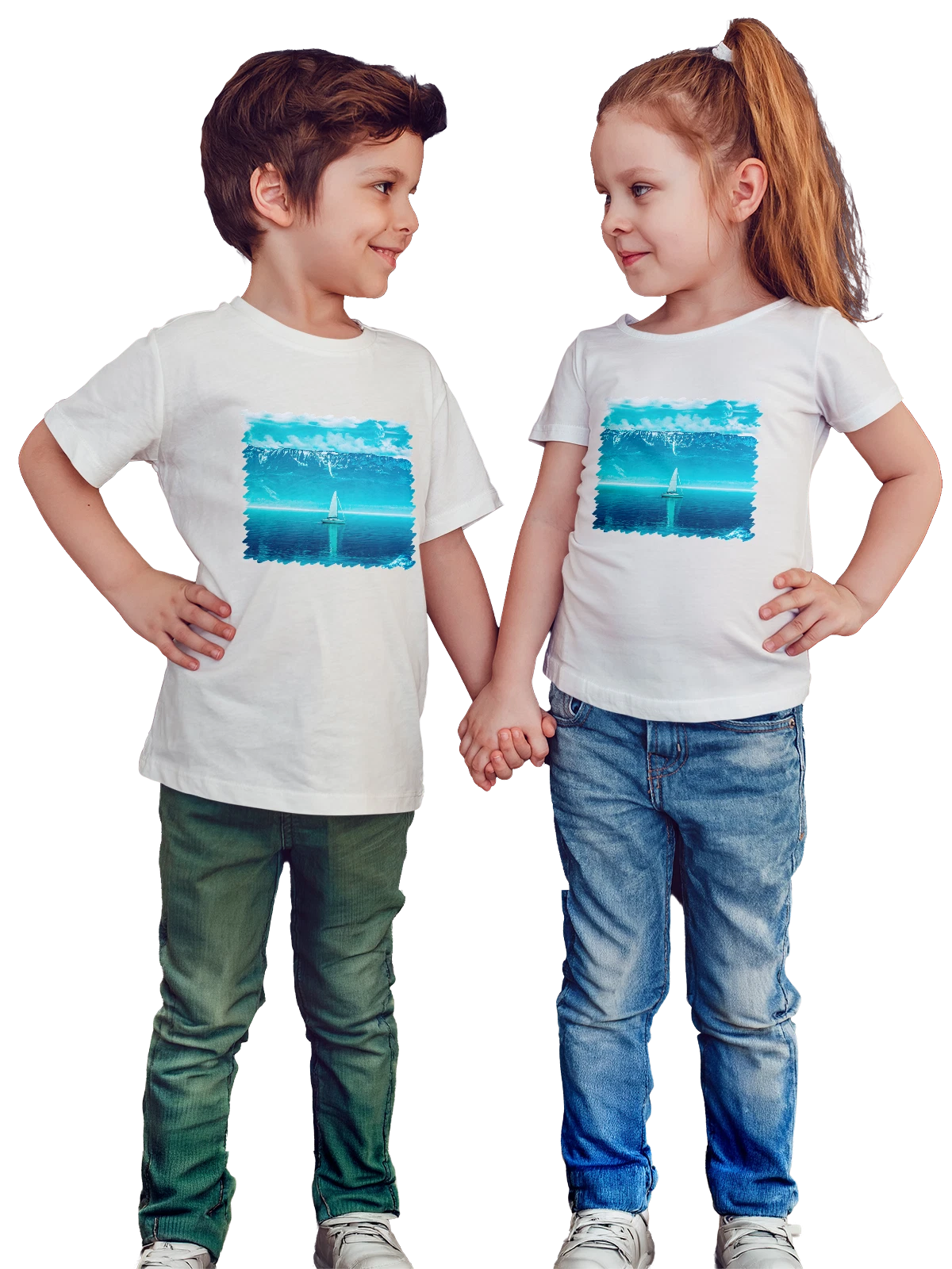 Футболка детская Природа Парусная лодка Горы белая с принтом — дикая природа — Белая, фото 1