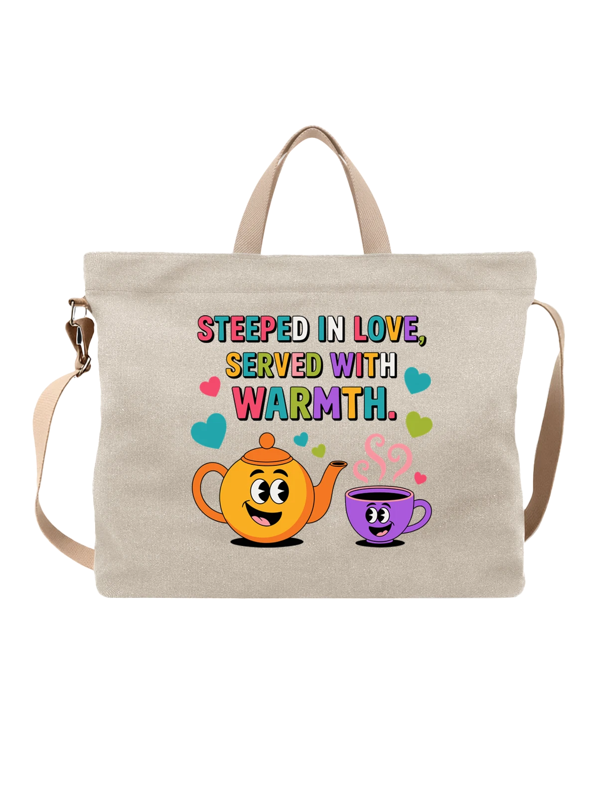 Сумка бежевая с принтом с чайником и чашкой Steeped in Love Warmth — посуда — Бежевая, фото 1