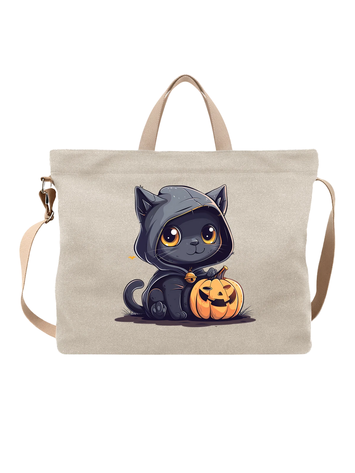 Сумка бежевая с принтом Черный котенок в капюшоне с тыквой — jack-o-lantern — Бежевая, фото 1