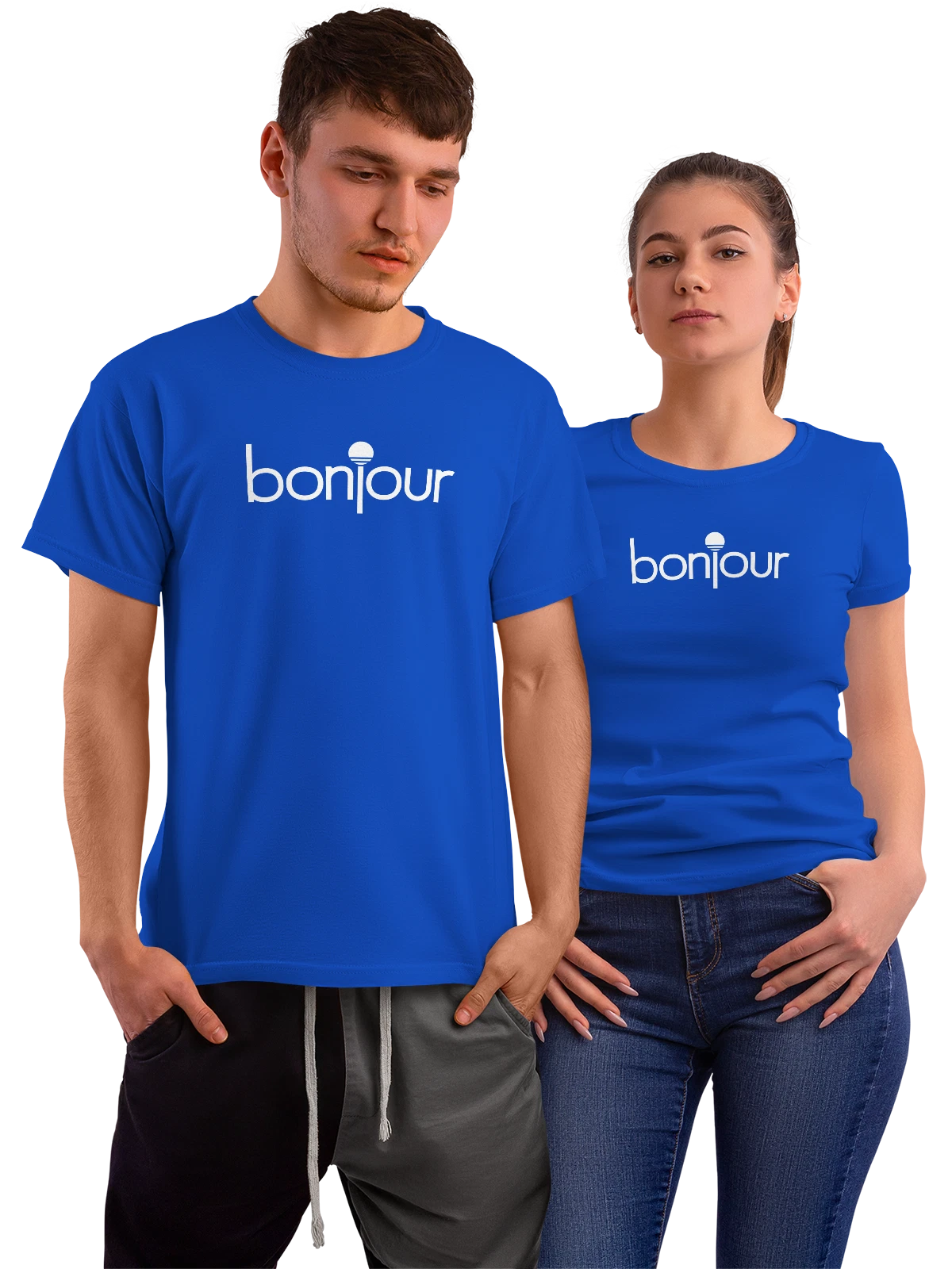 Футболка Bonjour синяя с принтом — современная айдентика — Синяя, фото 1