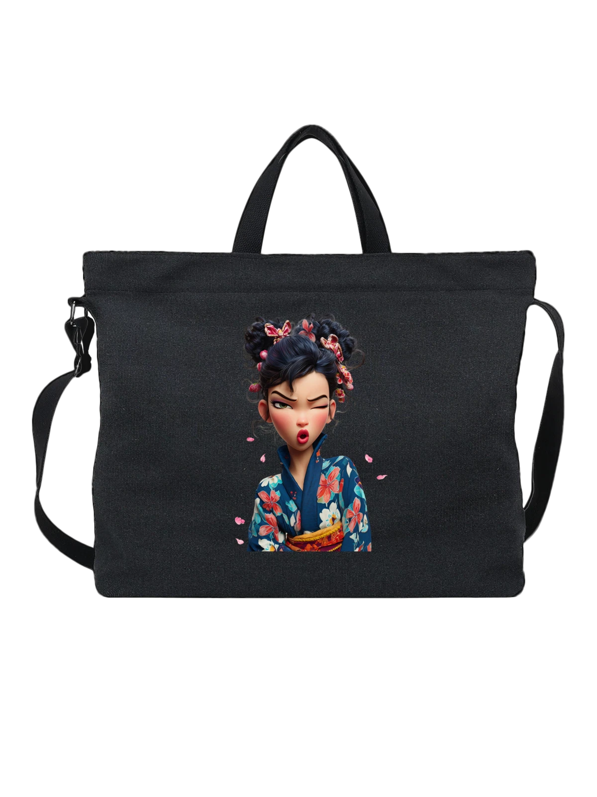 Сумка чёрная с принтом Девушка в синем кимоно с цветами волосах — blue floral kimono — Чёрная, фото 1