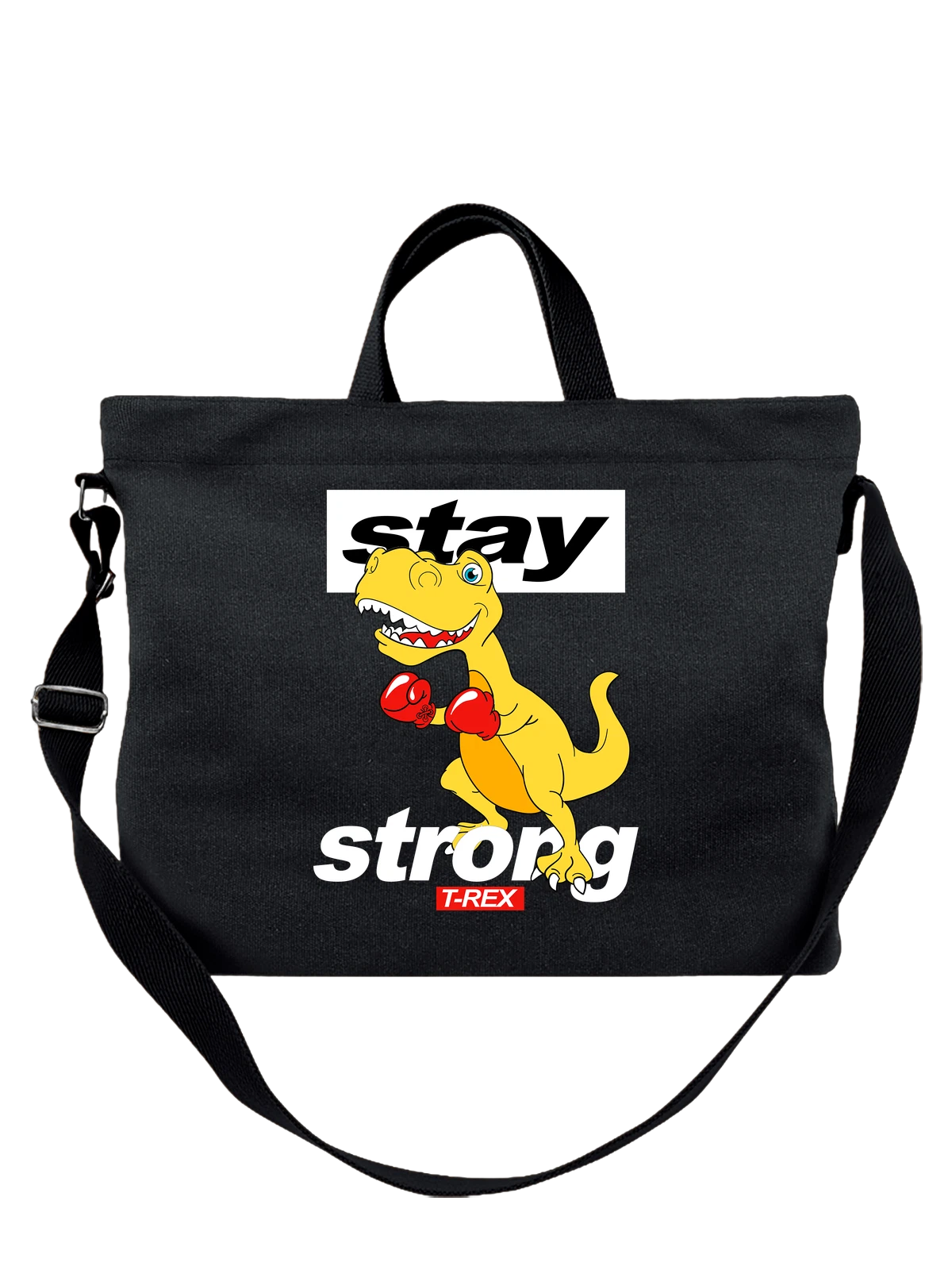 Сумка Динозавр боксер stay strong чёрная с принтом — подарок любителю динозавров — Чёрная, фото 1