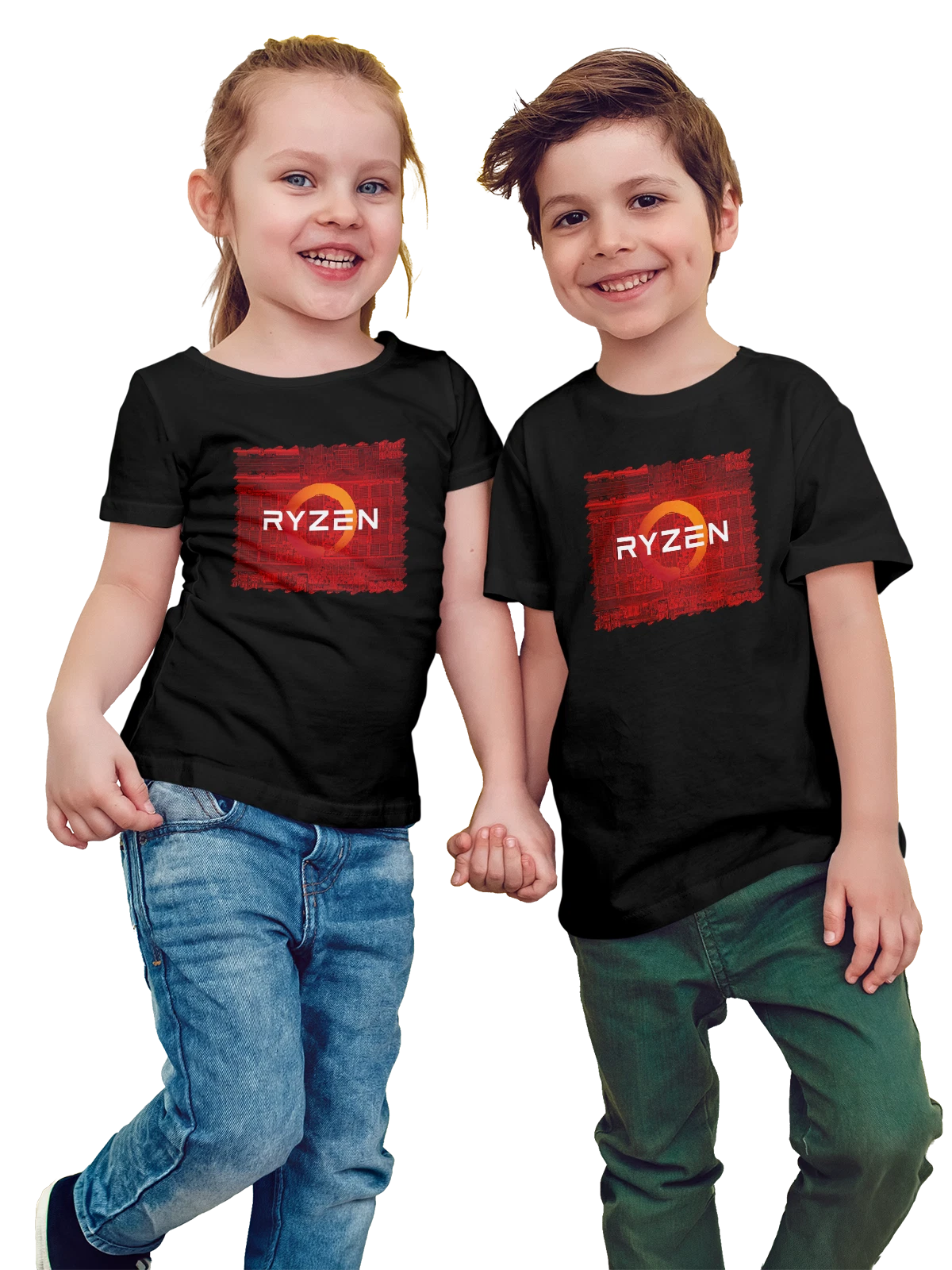 Футболка детская AMD Ryzen Красный фон чёрная с принтом — авторский рисунок — Чёрная, фото 1