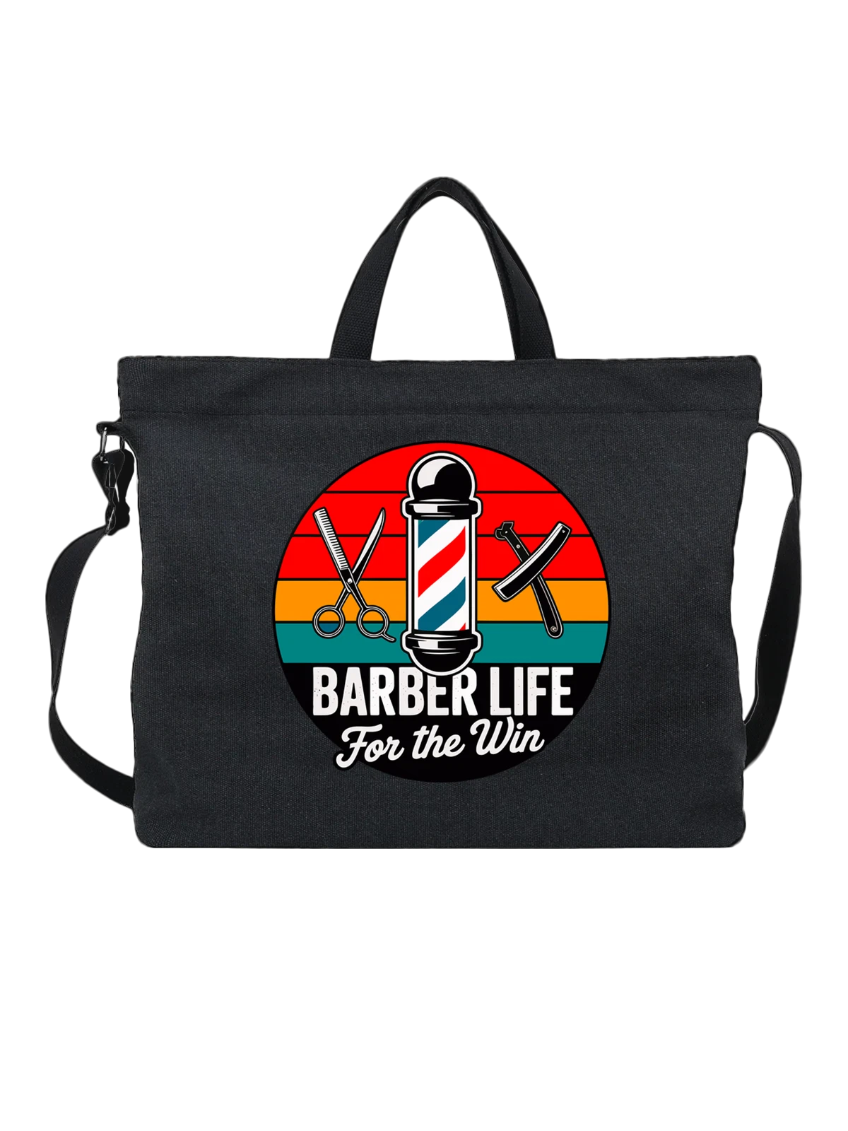 Сумка чёрная с принтом с барберским флаконом и ножницами Barber Life — уход за бородой — Чёрная, фото 1