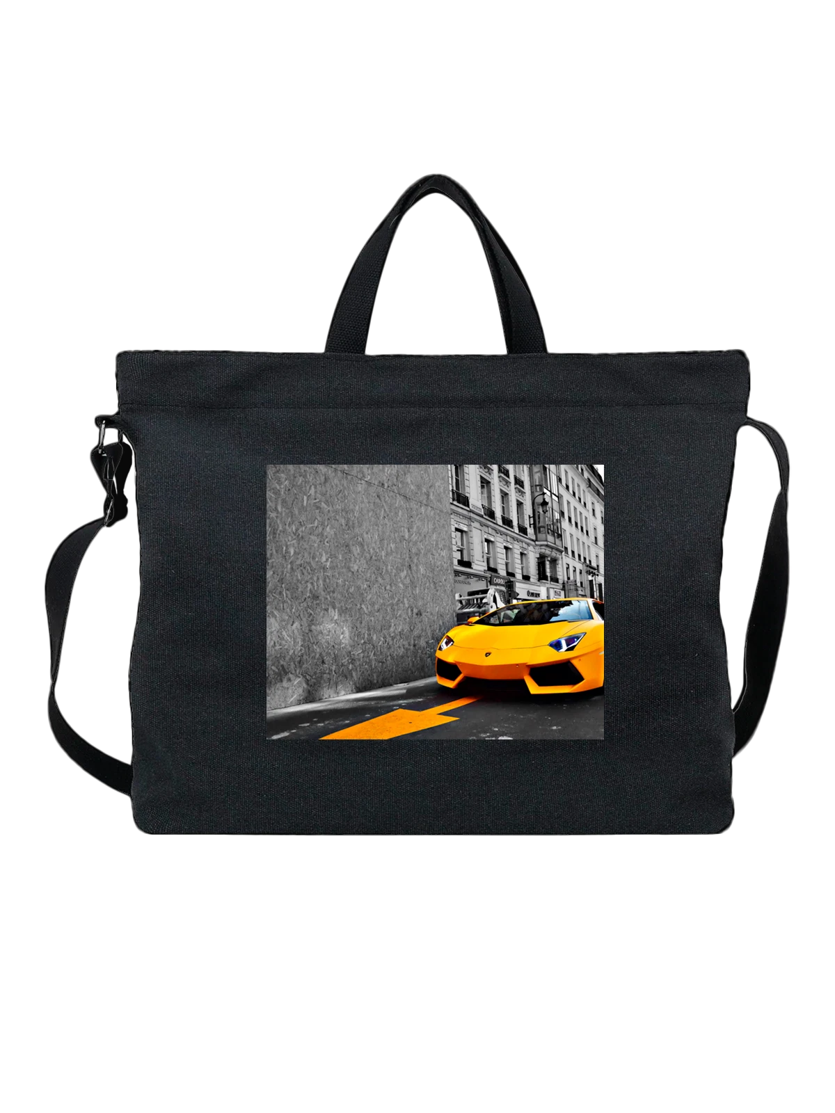 Сумка чёрная с принтом Машина Желтый lamborghini — тюнинг автомобиля — Чёрная, фото 1