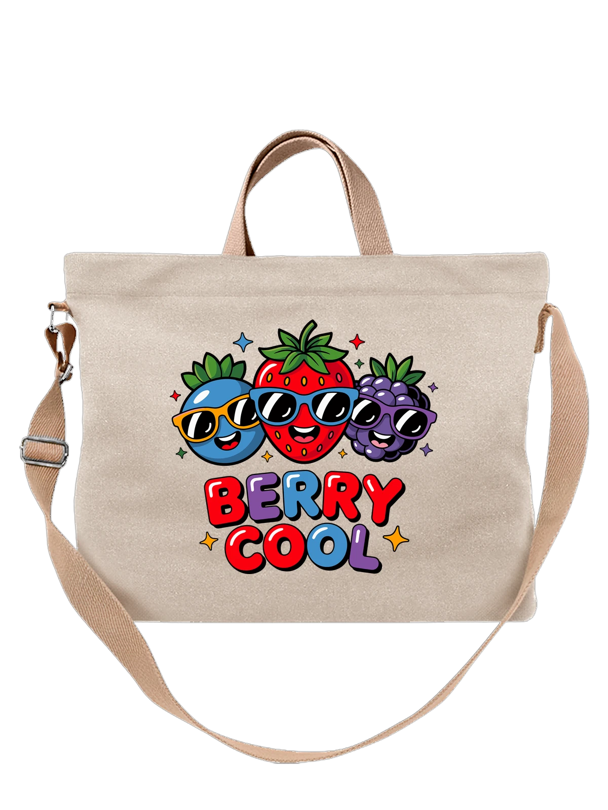 Сумка бежевая с принтом Ягоды в очках Berry Cool — фруктовые персонажи — Бежевая, фото 1