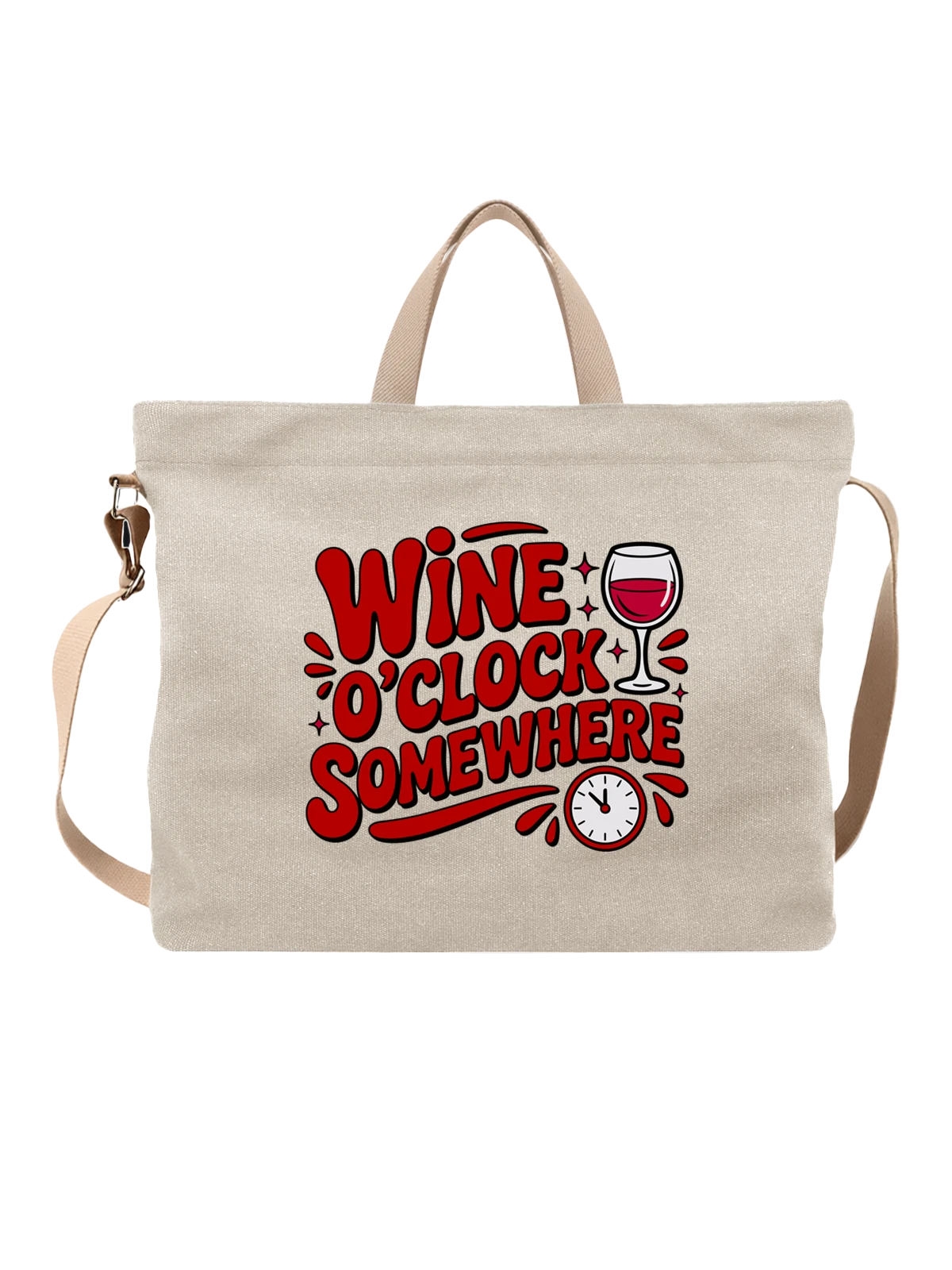 Сумка бежевая с принтом Wine O Clock Somewhere с бокалом вина — вечер — Бежевая, фото 1