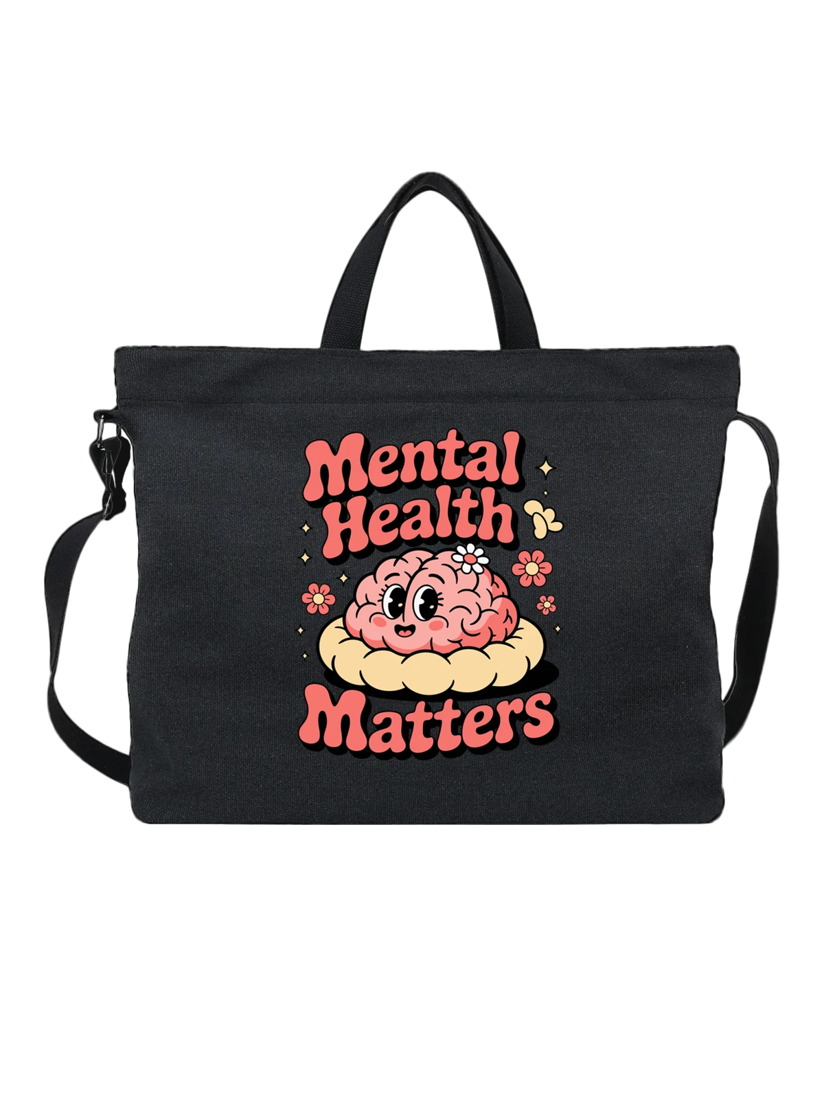 Сумка чёрная с принтом Mental Health мозг с цветами и звездами — саморазвитие — Чёрная, фото 1