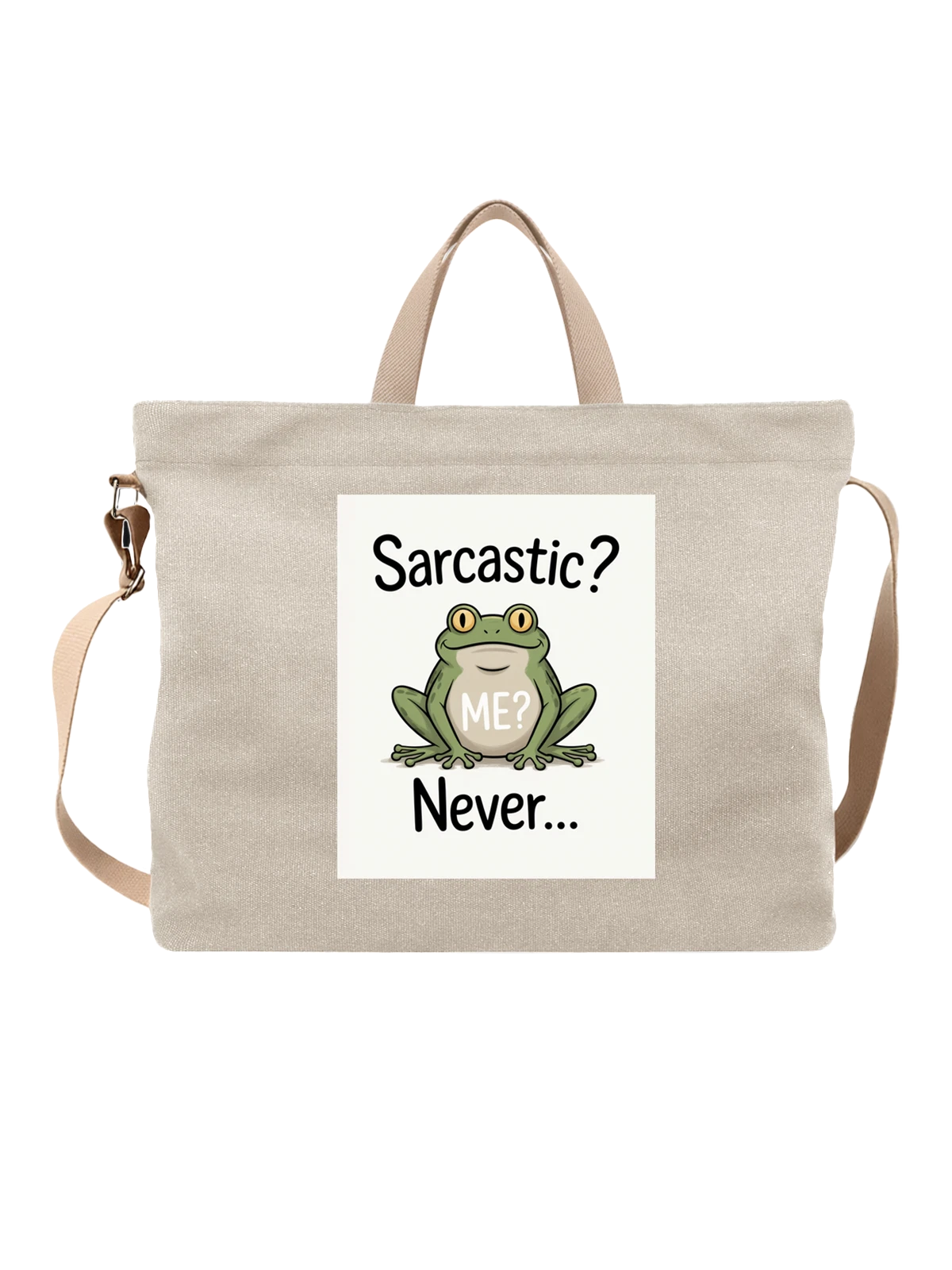 Сумка бежевая с принтом Лягушка с надписью Sarcastic ME Never — мультяшная лягушка — Бежевая, фото 1