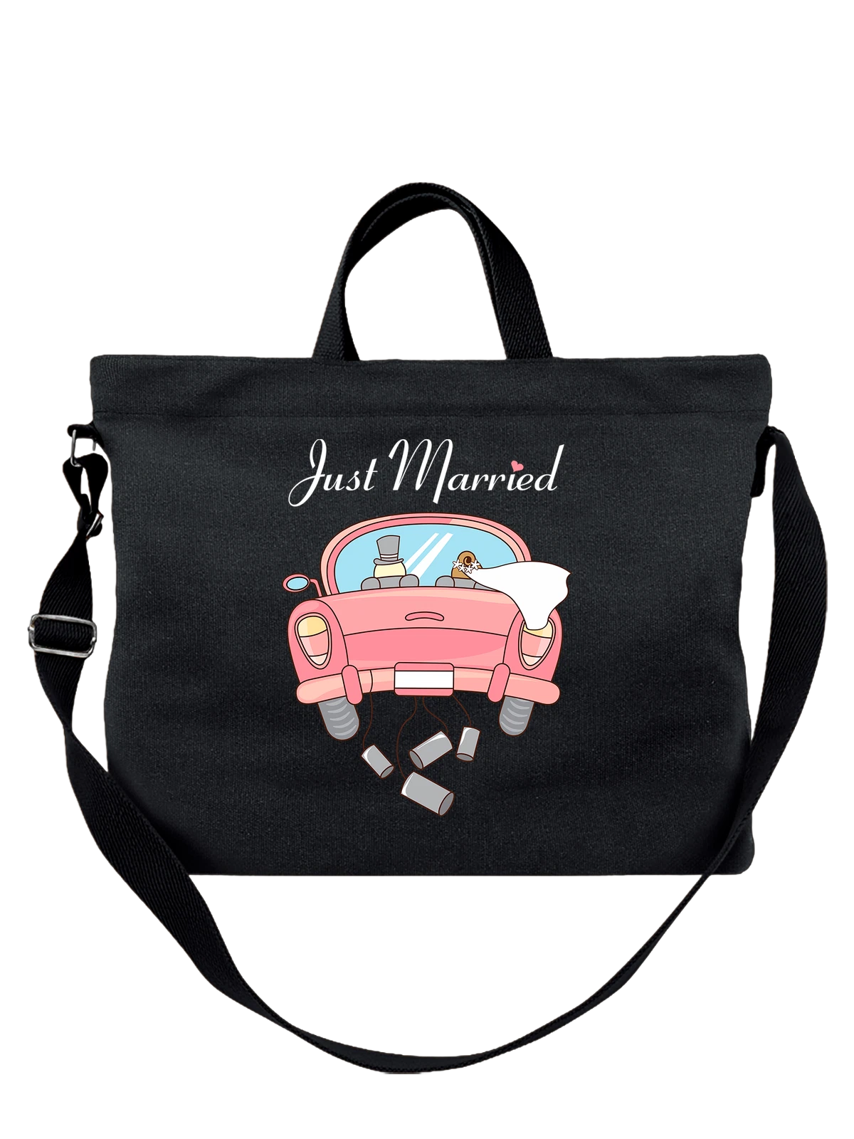Сумка с молодоженами just married чёрная с принтом — для мужа — Чёрная, фото 1