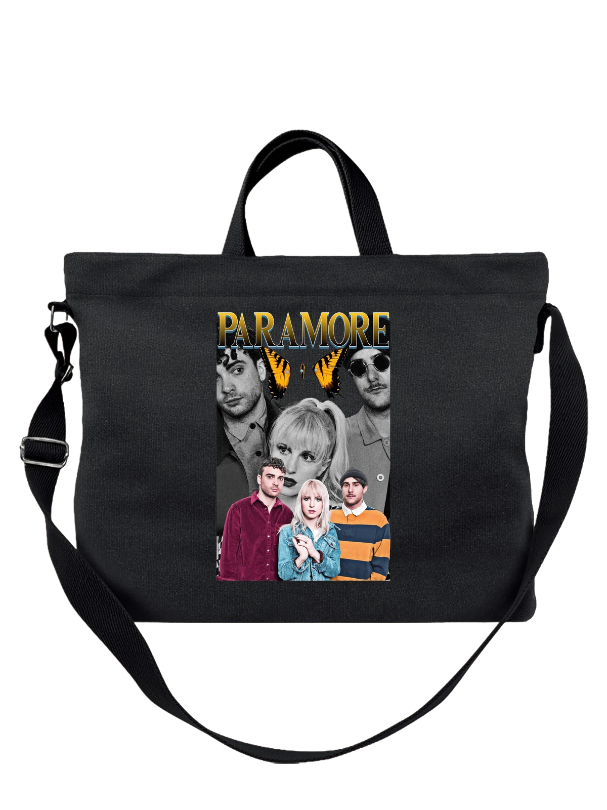 Сумка чёрная с принтом Paramore с портретом группы на принте — портреты участников — Чёрная, фото 1