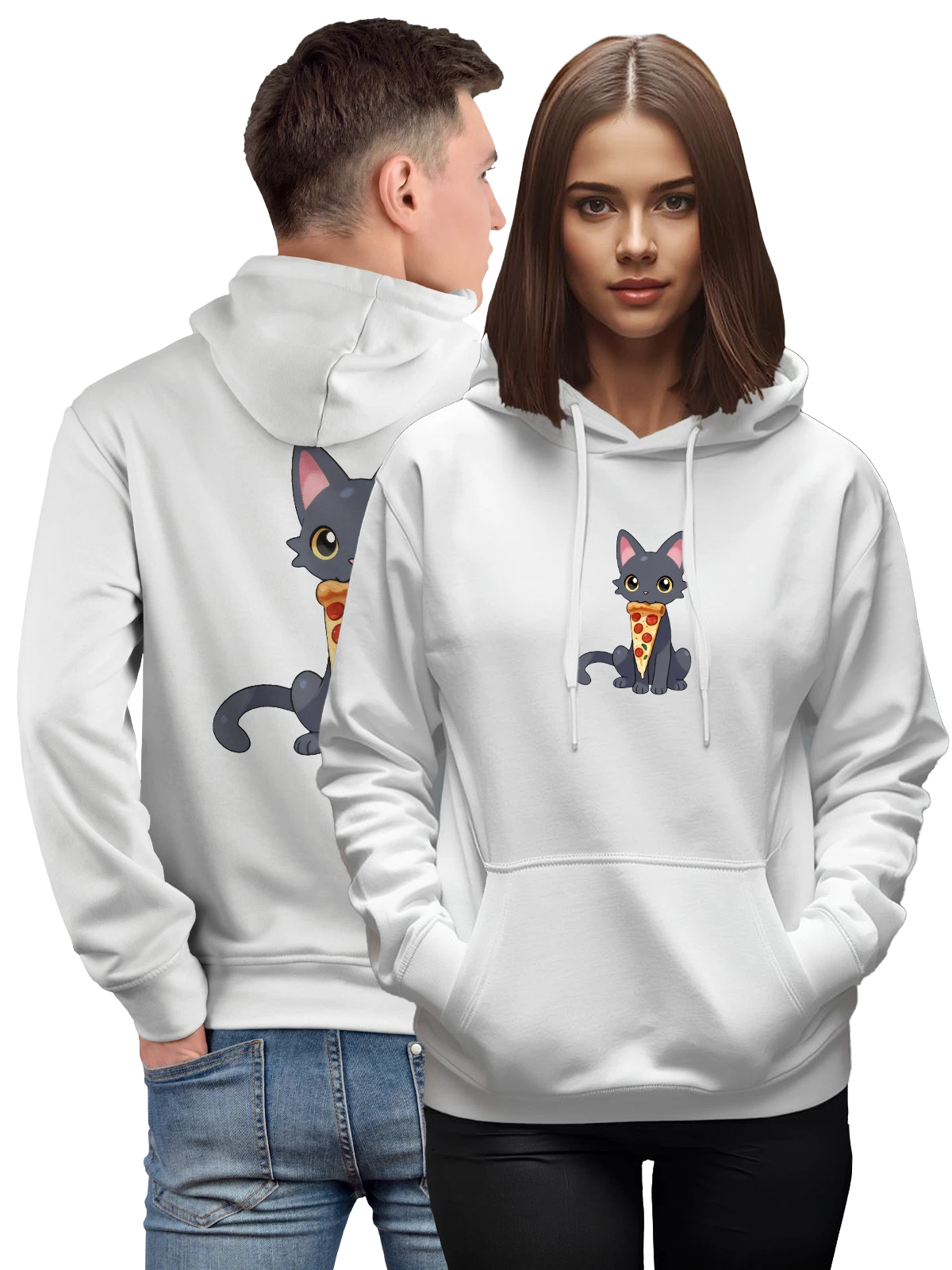 Худи Черный котенок с кусочком пиццы белое с принтом — котенок с большими глазами — Белая, фото 1
