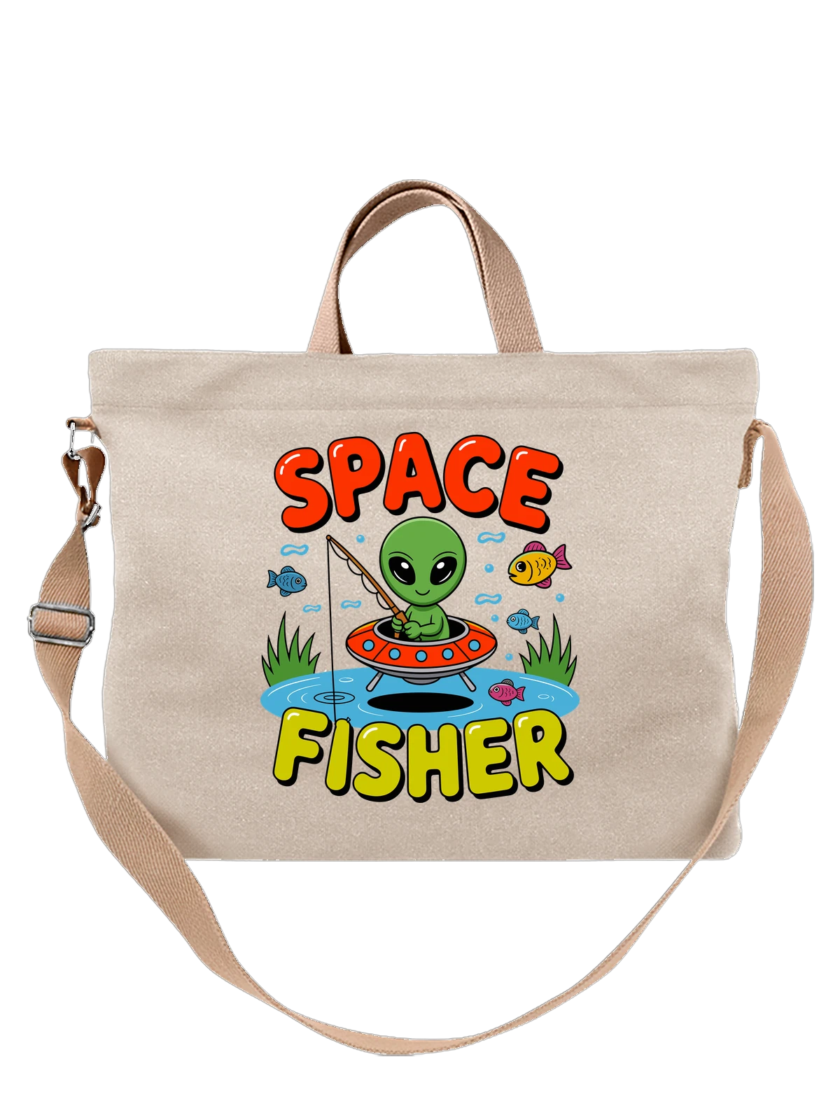 Сумка бежевая с принтом Alien fisherman в НЛО, мультяшный стиль — мультяшный персонаж — Бежевая, фото 1