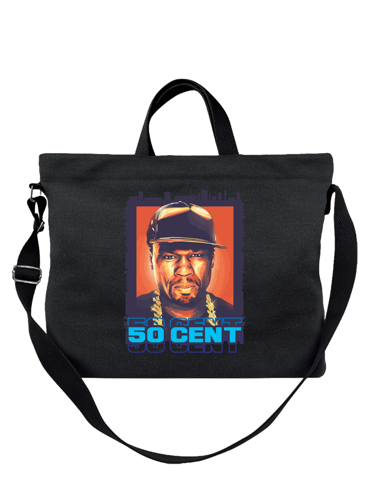 Сумка чёрная с принтом 50 Cent в кепке и золотой цепи — принт для фанатов рэпа — Чёрная, фото 1