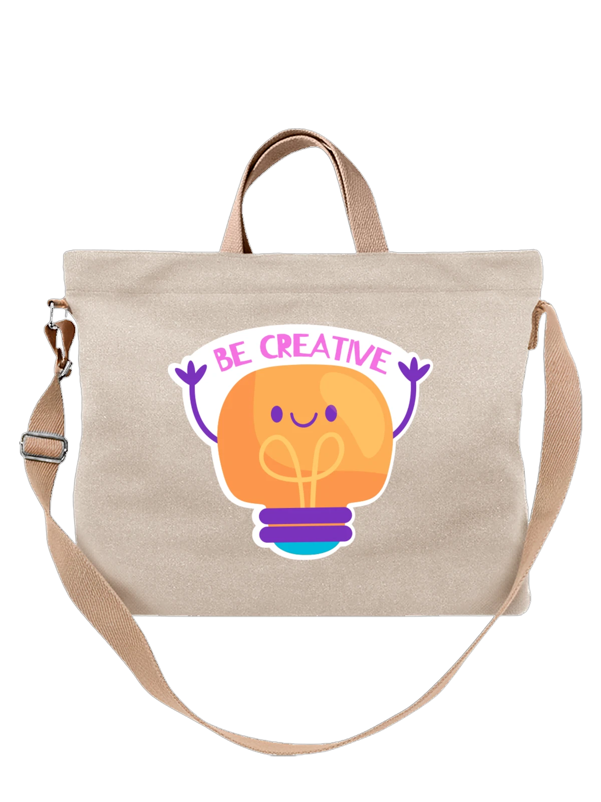 Сумка бежевая с принтом Веселая лампочка с надписью Be Creative — умный свет — Бежевая, фото 1