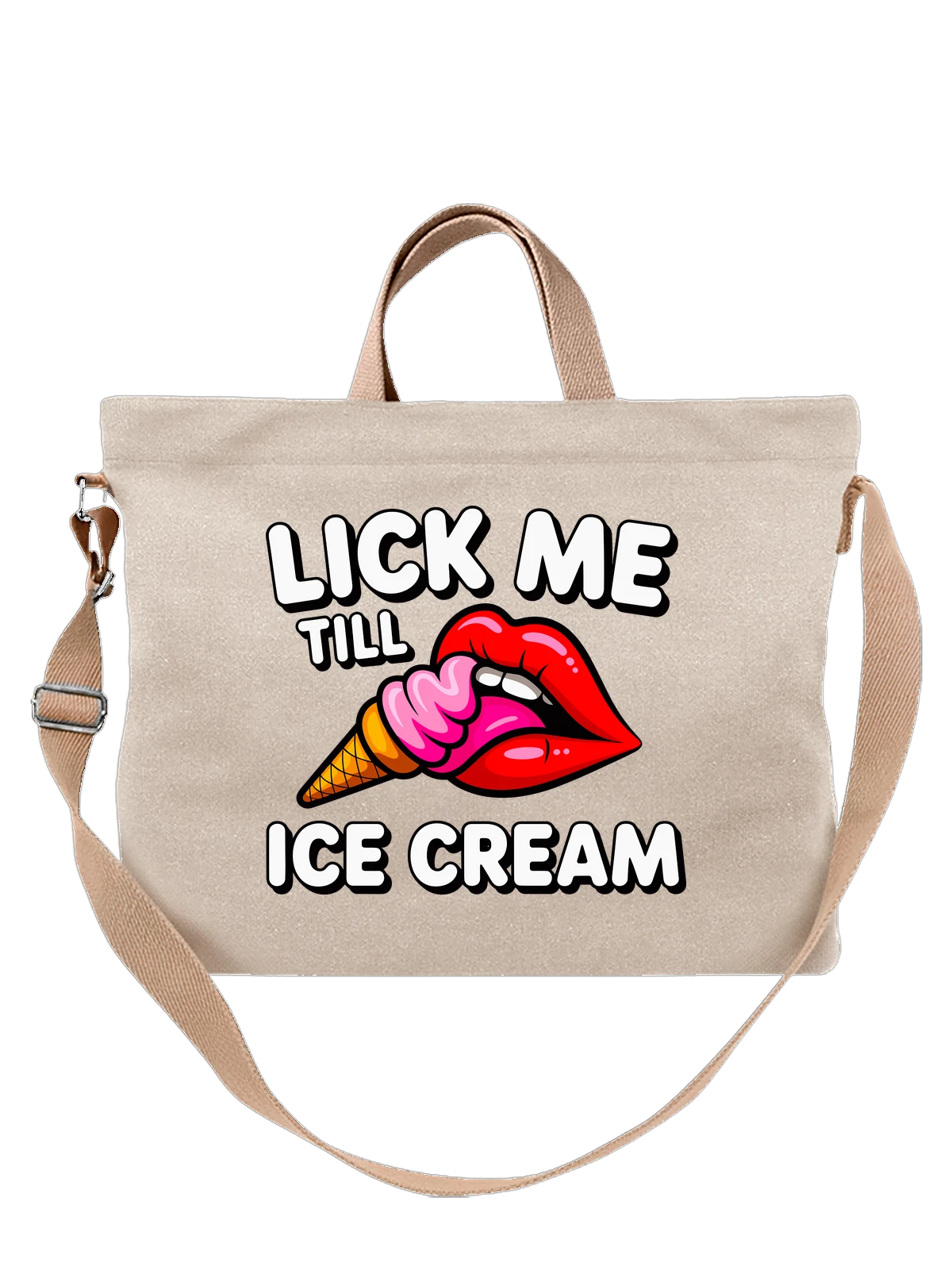 Сумка бежевая с принтом с губами и мороженым Lick Me Till Ice Cream — яркий принт — Бежевая, фото 1