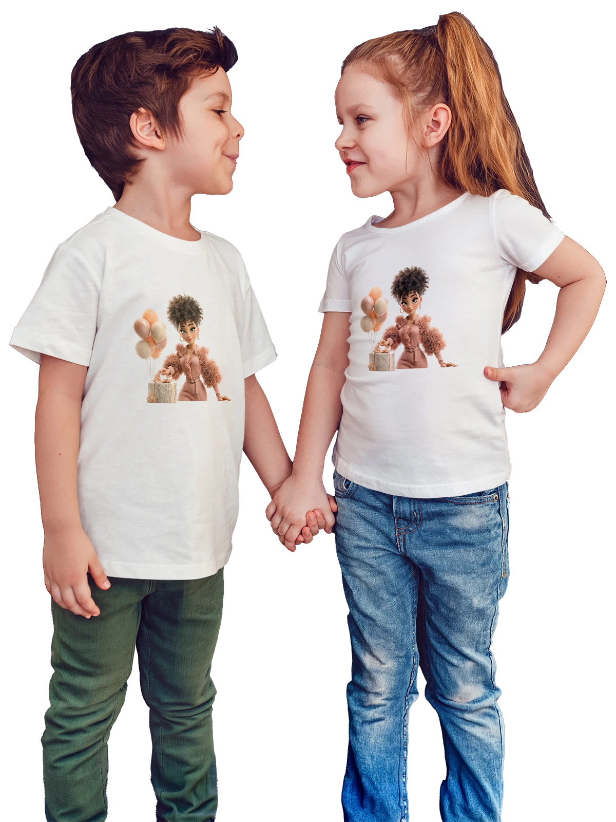 Футболка детская Девушка с подарком и шарами белая с принтом — розовый комбинезон — Белая, фото 1