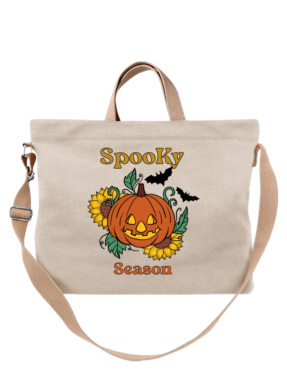 Сумка бежевая с принтом Тыква с подсолнухами и надписью Spooky — pumpkin — Бежевая, фото 1