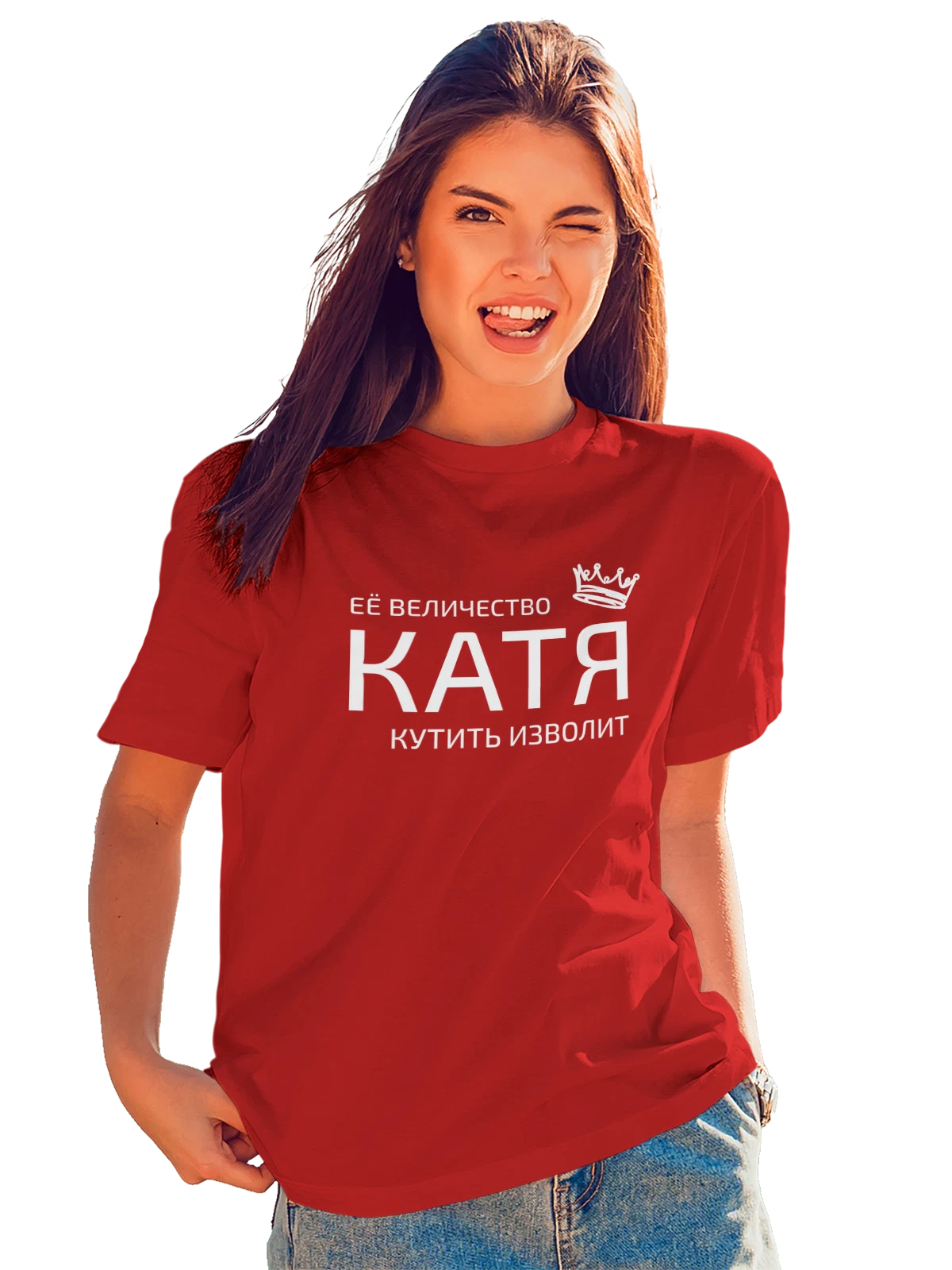 Футболка Имя Екатерина Катя с короной красная с принтом — надпись с именем — Красная, фото 1