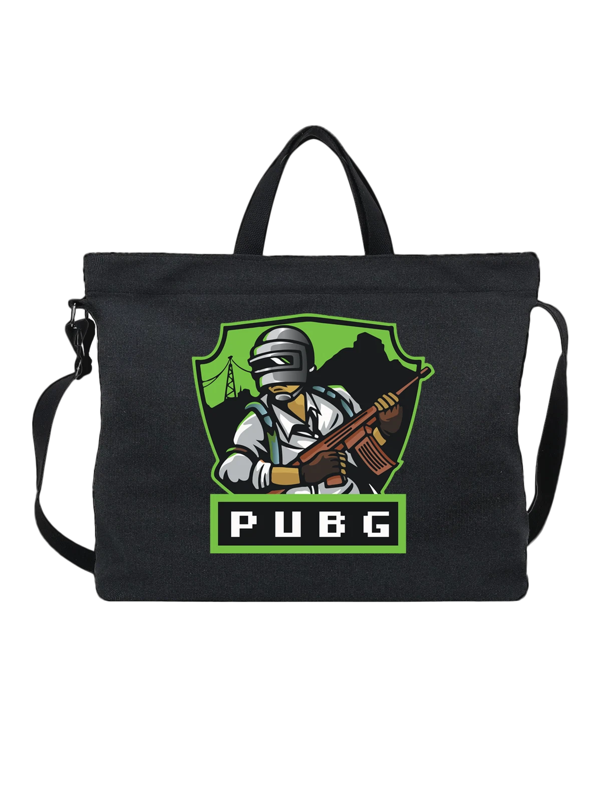 Сумка Боец PUBG в шлеме с автоматом и надписью чёрная с принтом — логотип — Чёрная, фото 1