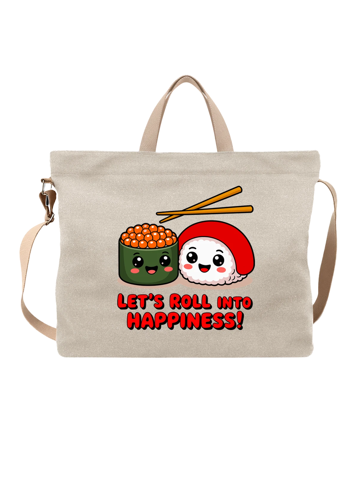 Сумка бежевая с принтом с роллами суши и надписью Let's Roll Into Happiness — икра тобико — Бежевая, фото 1