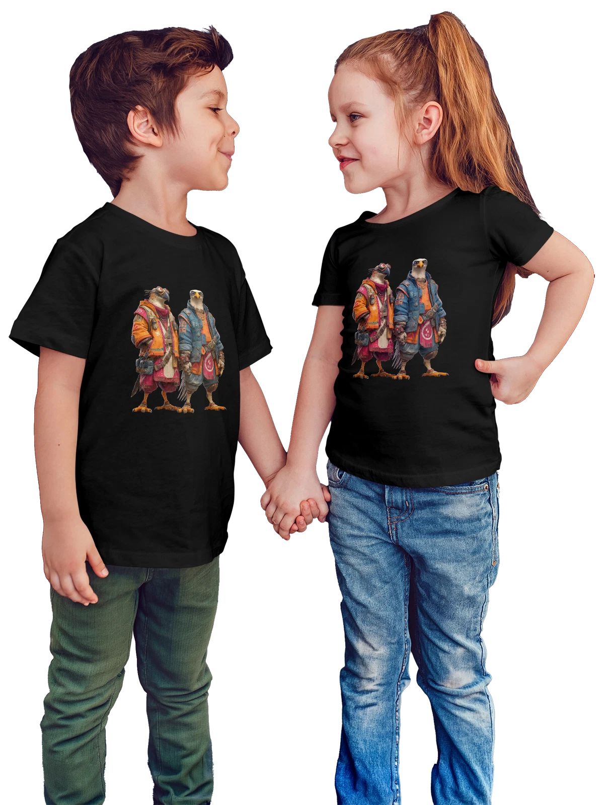 Футболка детская Два антропоморфных орла в cyberpunk-экипировке чёрная с принтом — орлы в cyberpunk armor — Чёрная, фото 1