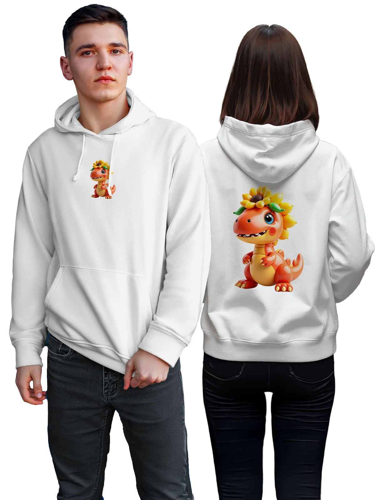 Худи Мультяшный динозавр с подсолнухом белое с принтом — улыбающийся динозавр — Белая, фото 1