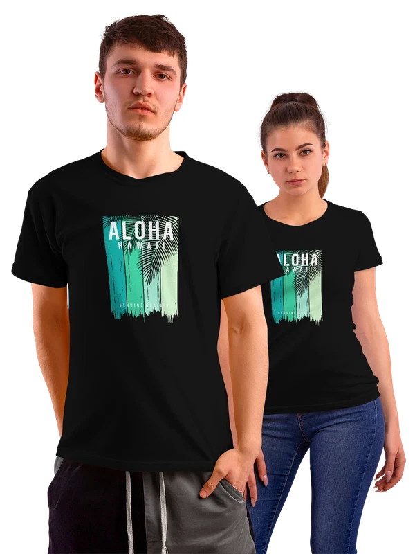 Футболка надпись Aloha Hawaii с тропическим фоном — Чёрная, фото 1