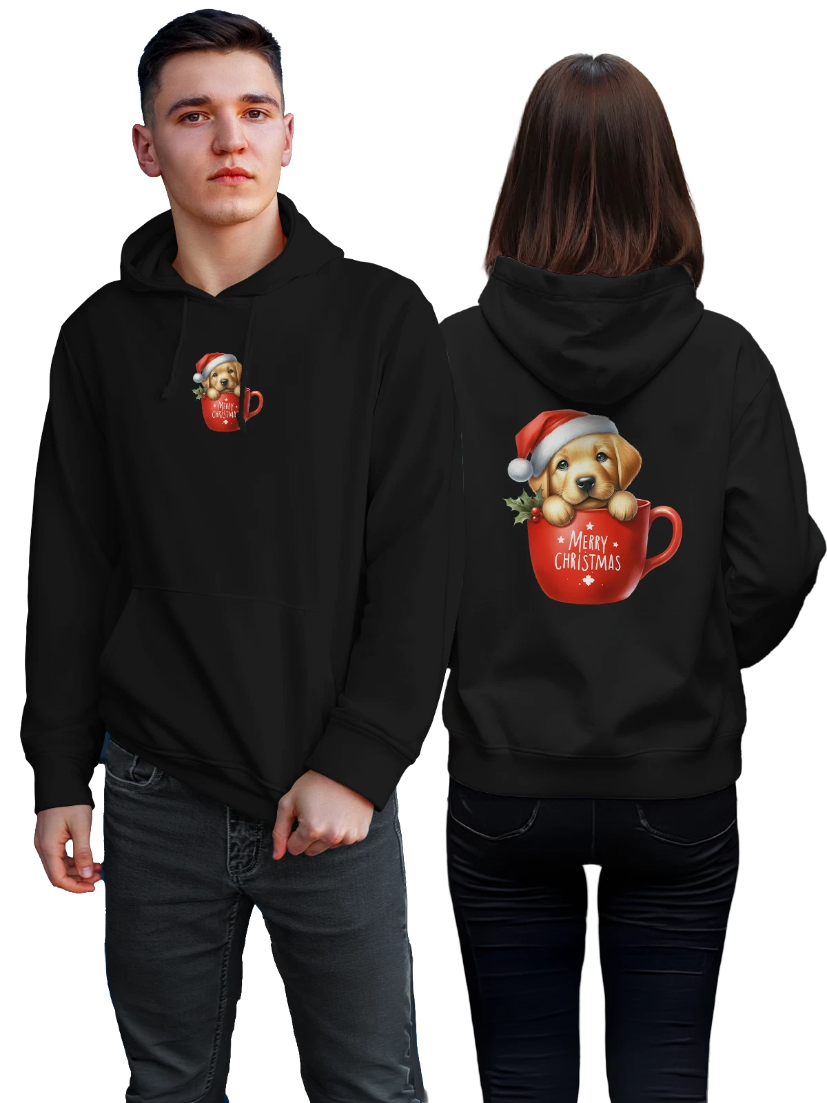 Худи Щенок золотистого ретривера в чашке чёрное с принтом — red Christmas mug — Чёрная, фото 1