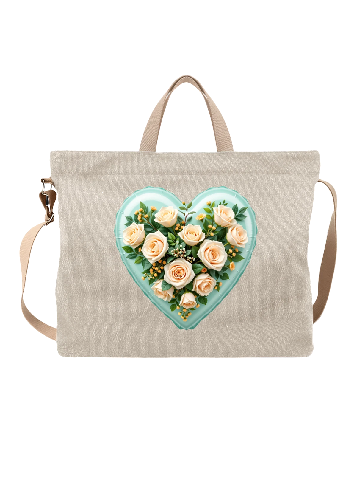 Сумка бежевая с принтом Белые розы в сердечном white roses in a heart — романтический цветочный принт — Бежевая, фото 1