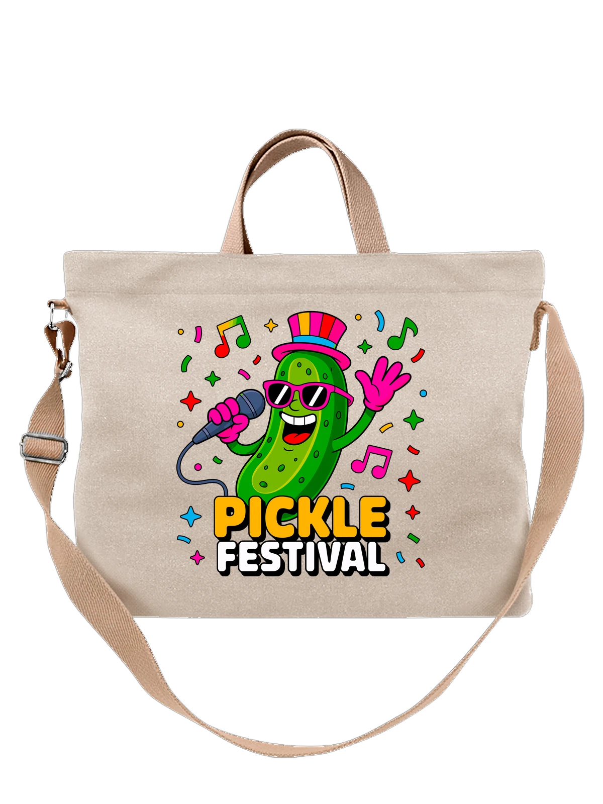 Сумка бежевая с принтом Огурец в очках с микрофоном Pickle Festival — концерт — Бежевая, фото 1