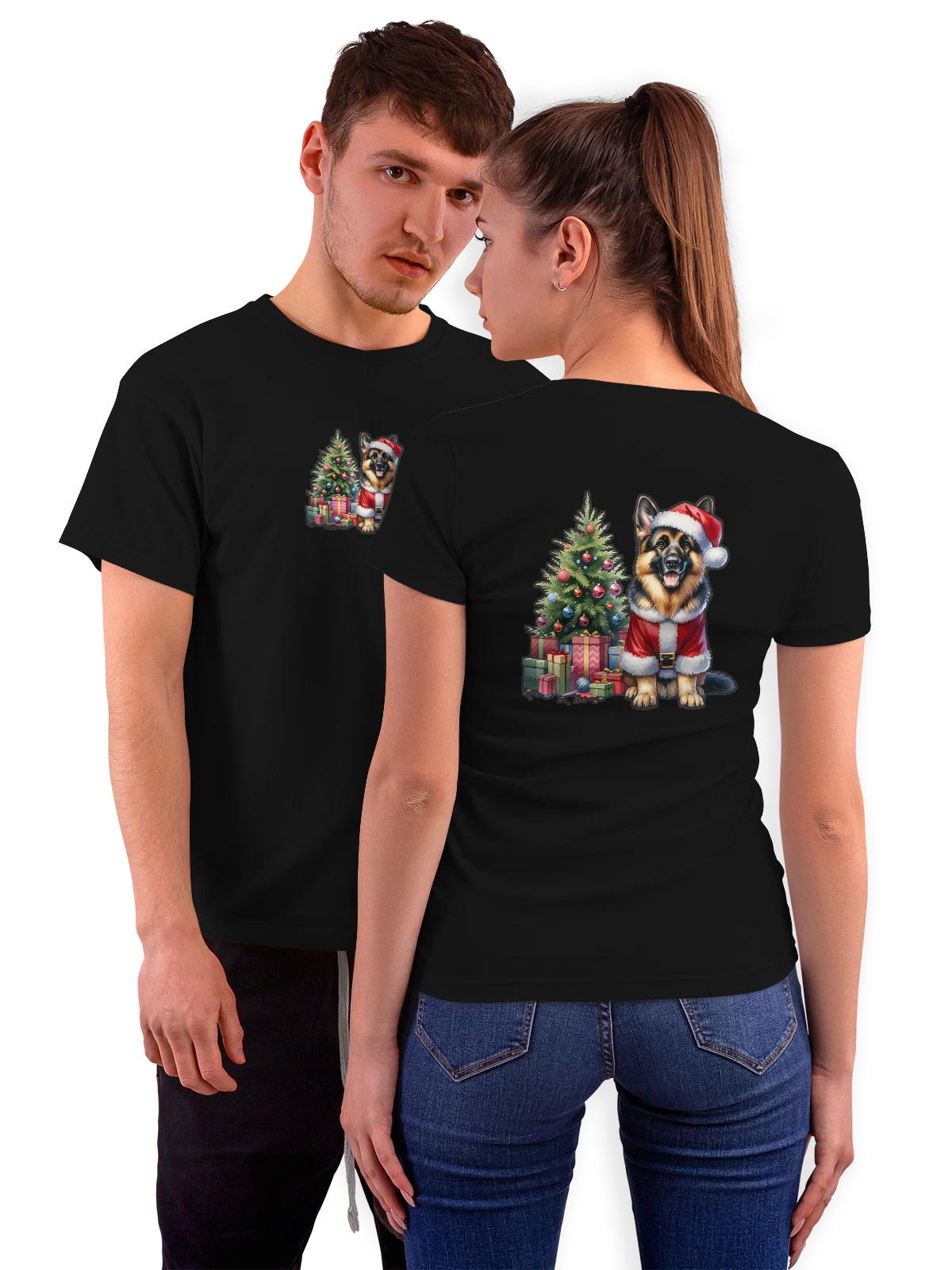 Футболка Немецкая овчарка в костюме Санта Клауса чёрная с принтом на спине — праздничные шары — Чёрная, фото 1