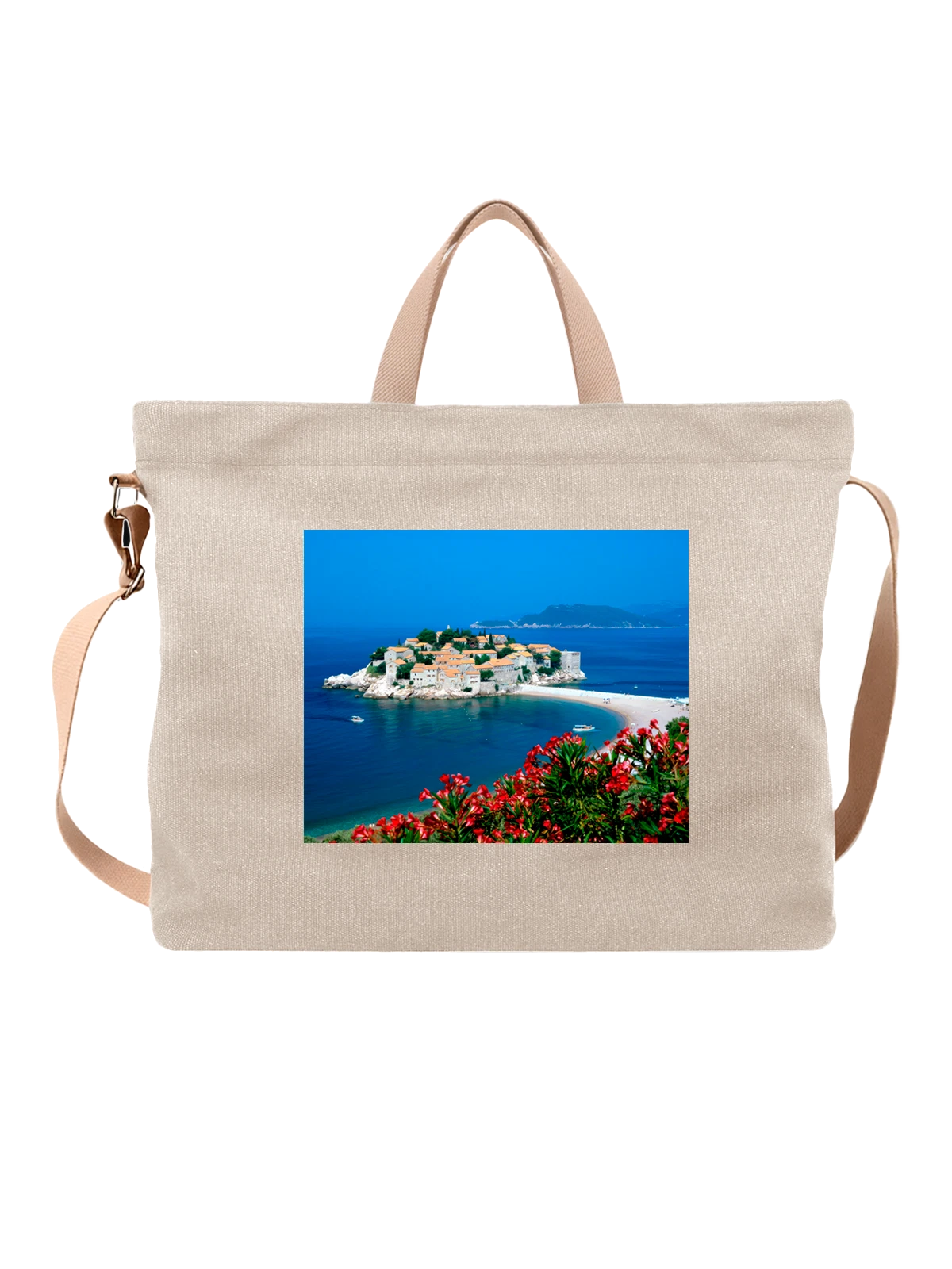 Сумка бежевая с принтом Страна Sveti Stefan Serbia and Montenegro — современная архитектура — Бежевая, фото 1