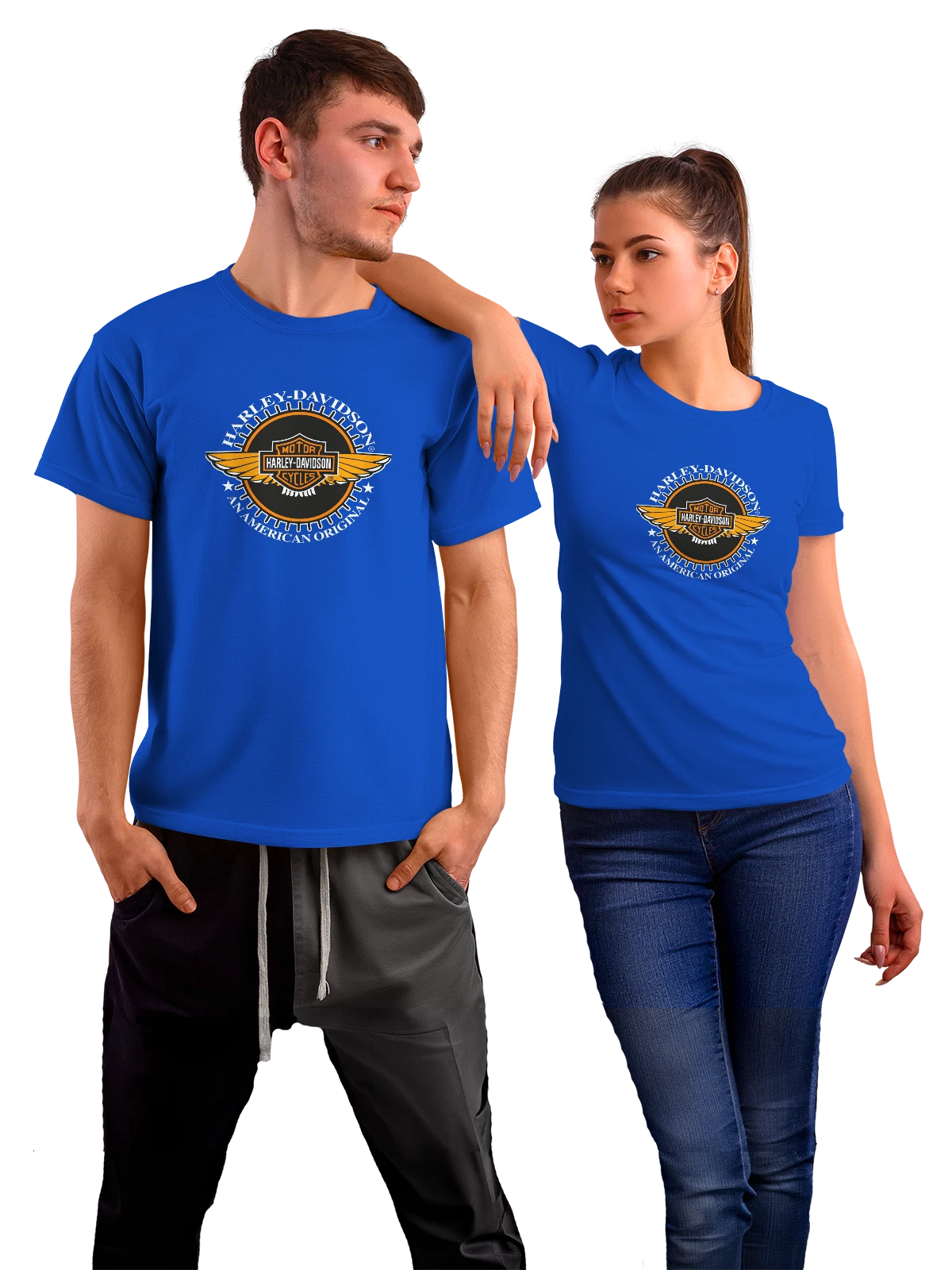 Футболка Harley Davidson синяя с принтом — контрастный принт — Синяя, фото 1