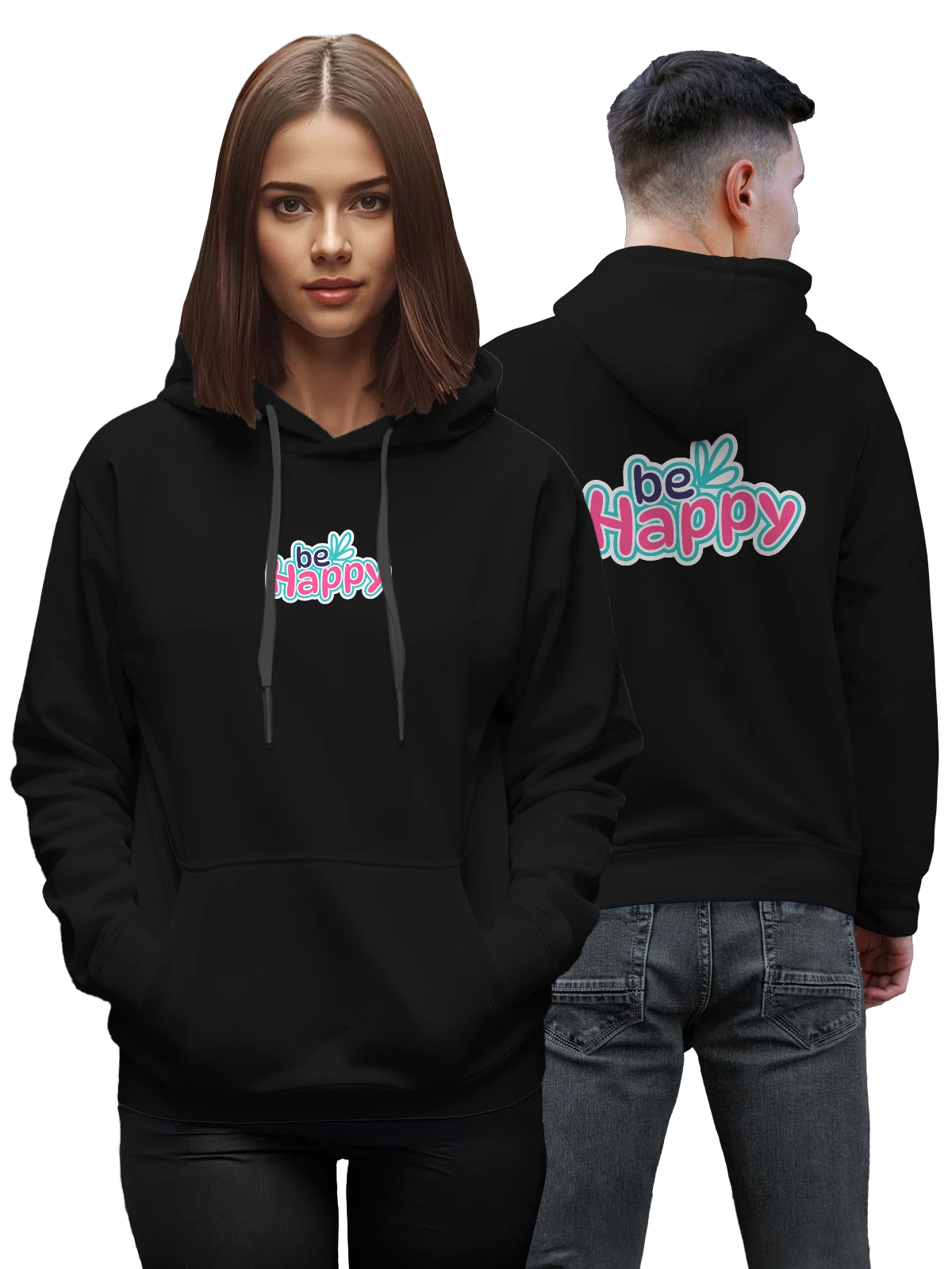 Худи с надписью be happy и листом чёрное с принтом — бирюзовый контур — Чёрная, фото 1