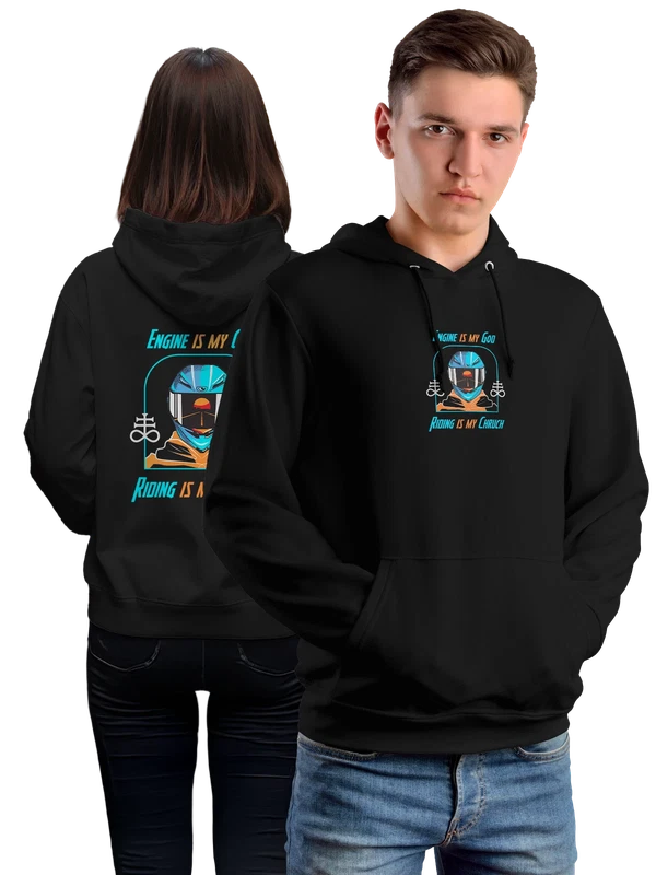 Худи с мотоциклистом engine is my god — Чёрная, фото 1