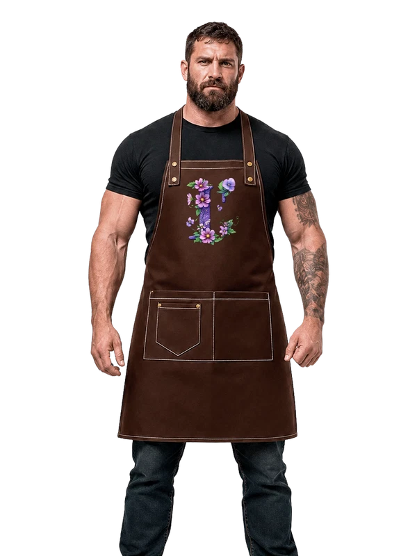 Фартук коричневый с принтом с фиолетовой буквой I и цветочным принтом — Коричневый, фото 1