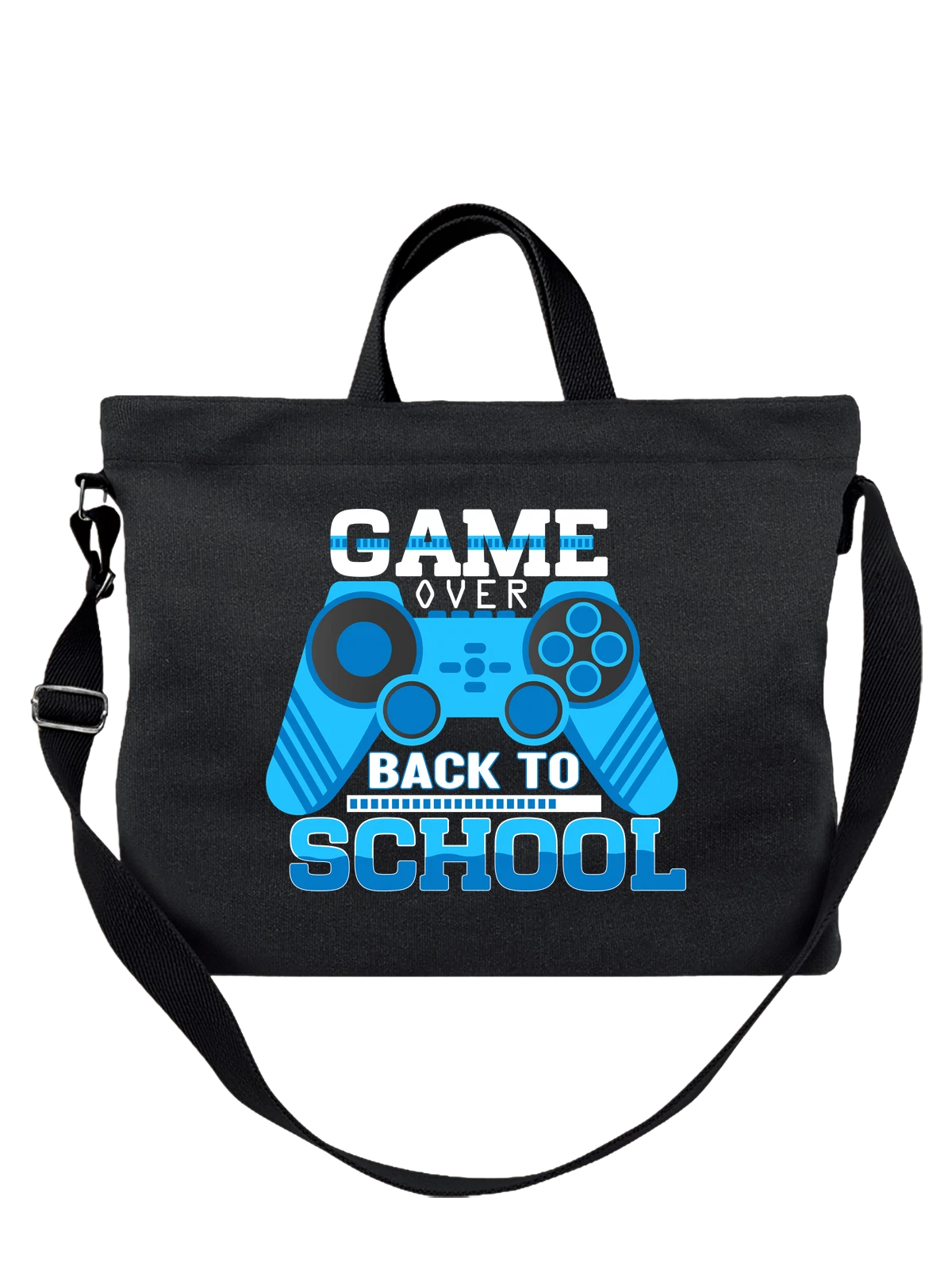 Сумка чёрная с принтом Геймпад Back to School синие цвета — школьная тема — Чёрная, фото 1