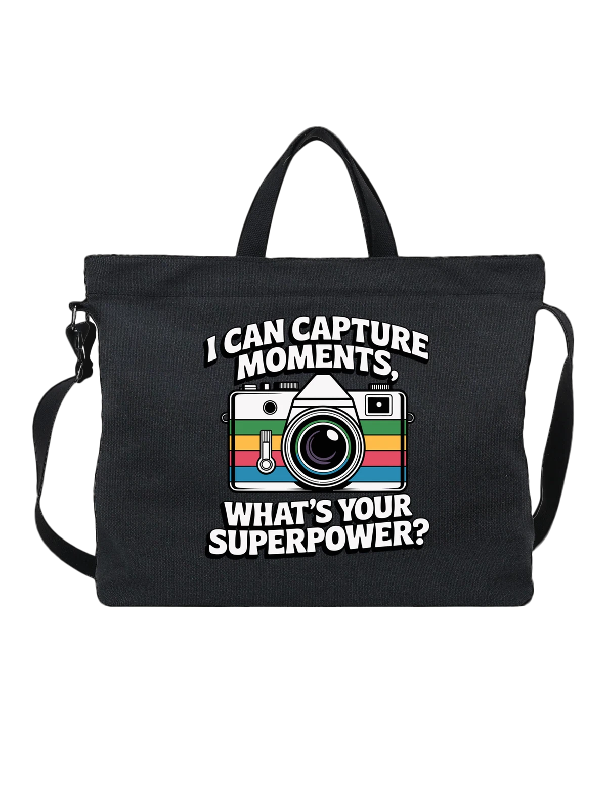 Сумка чёрная с принтом с ретро камерой и надписью What’s Your Superpower — vintage photo camera — Чёрная, фото 1