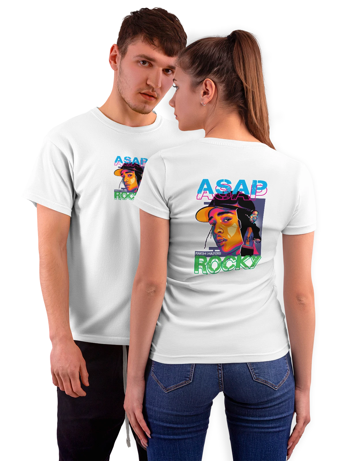 Футболка A$AP Rocky Раким Майерс в черной кепке белая с принтом на спине — черная кепка — Белая, фото 1