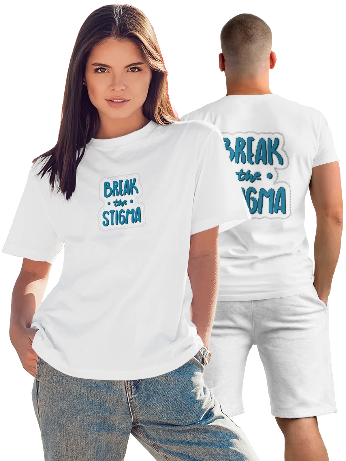 Футболка с надписью Break the Stigma белая с принтом на спине — мотивационная фраза — Белая, фото 1
